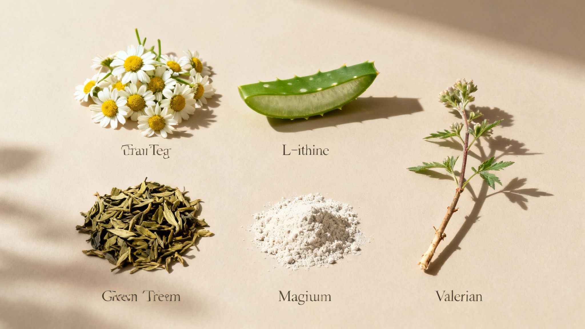 A collection of natural sleep aid ingredients like chamomile flowers, melatonin capsules, and valerian root on a calm, neutral background.