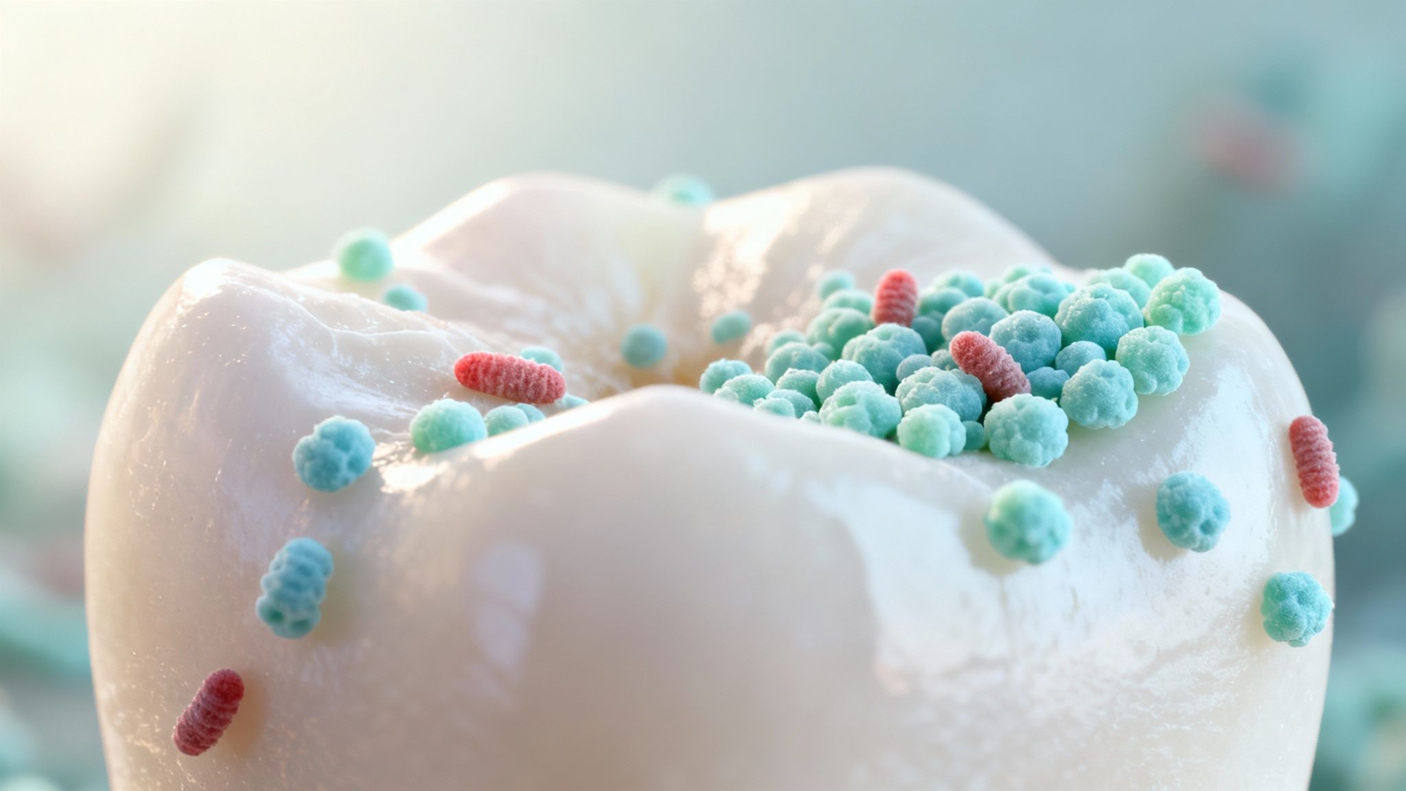 Close-up of a tooth surface covered with red and green bacteria or probiotic microbes.