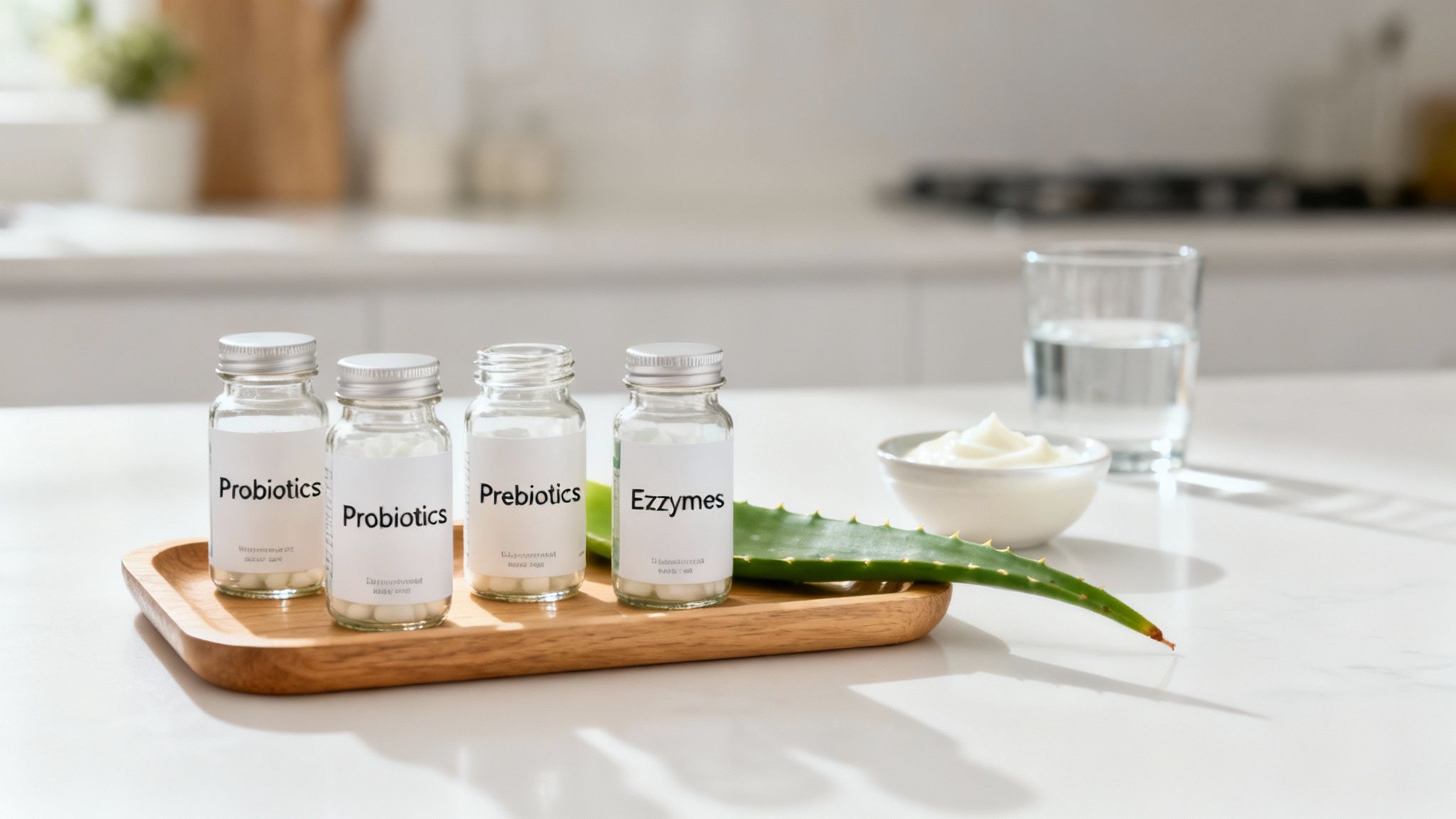 Bottles of probiotics, prebiotics, and enzymes for gut health, alongside aloe vera and water.
