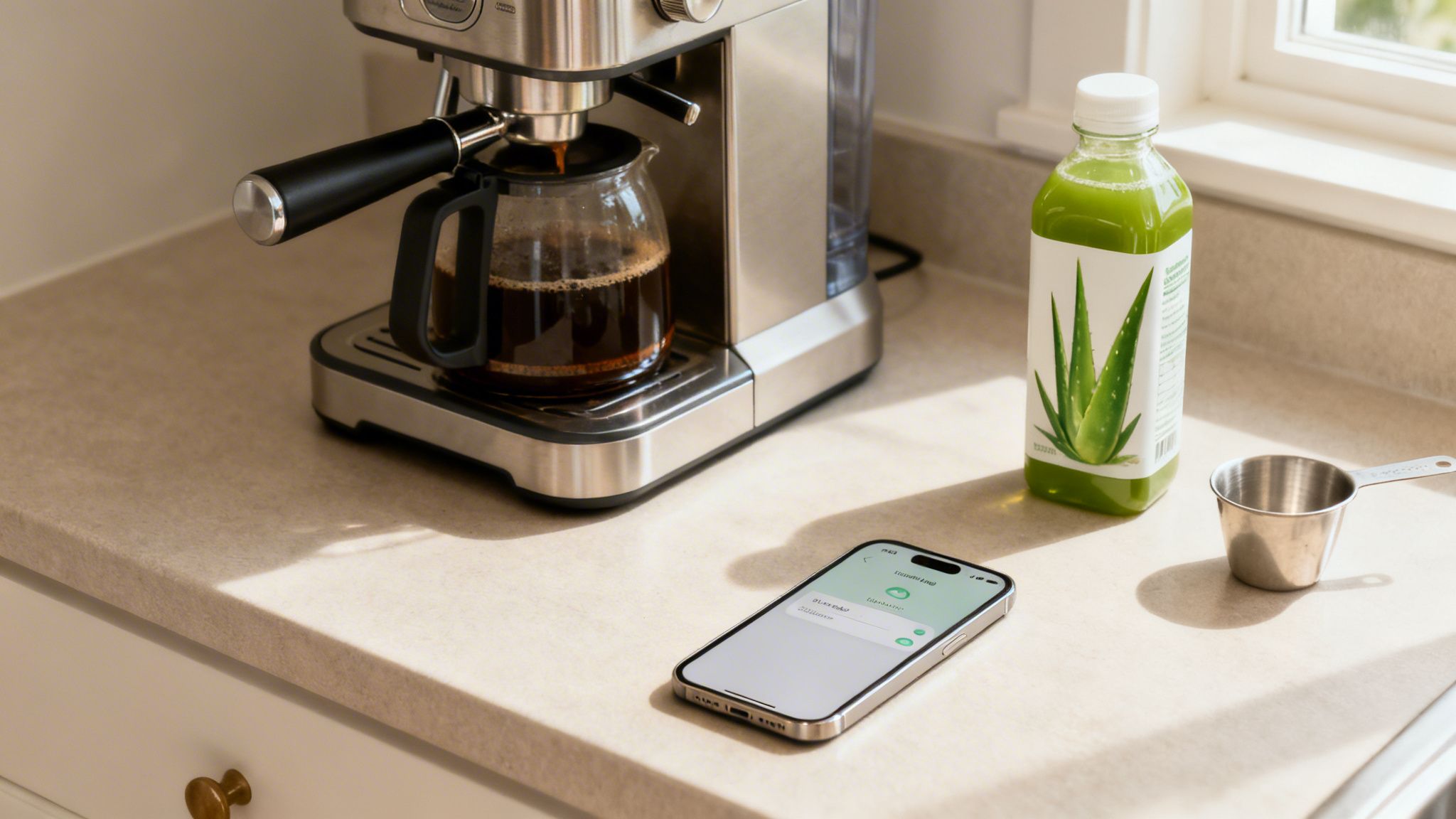 A modern kitchen counter scene with a coffee maker, aloe vera juice bottle, and smartphone.