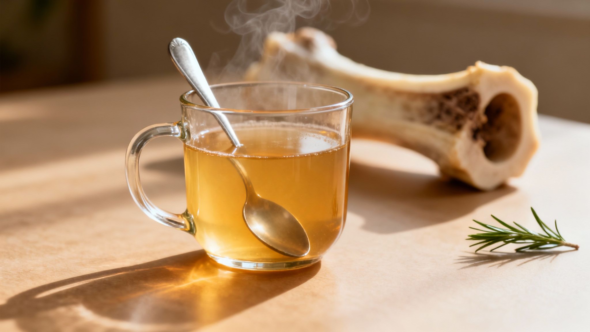 Steaming bone broth in a clear mug with a spoon, a large marrow bone, and rosemary on a table.