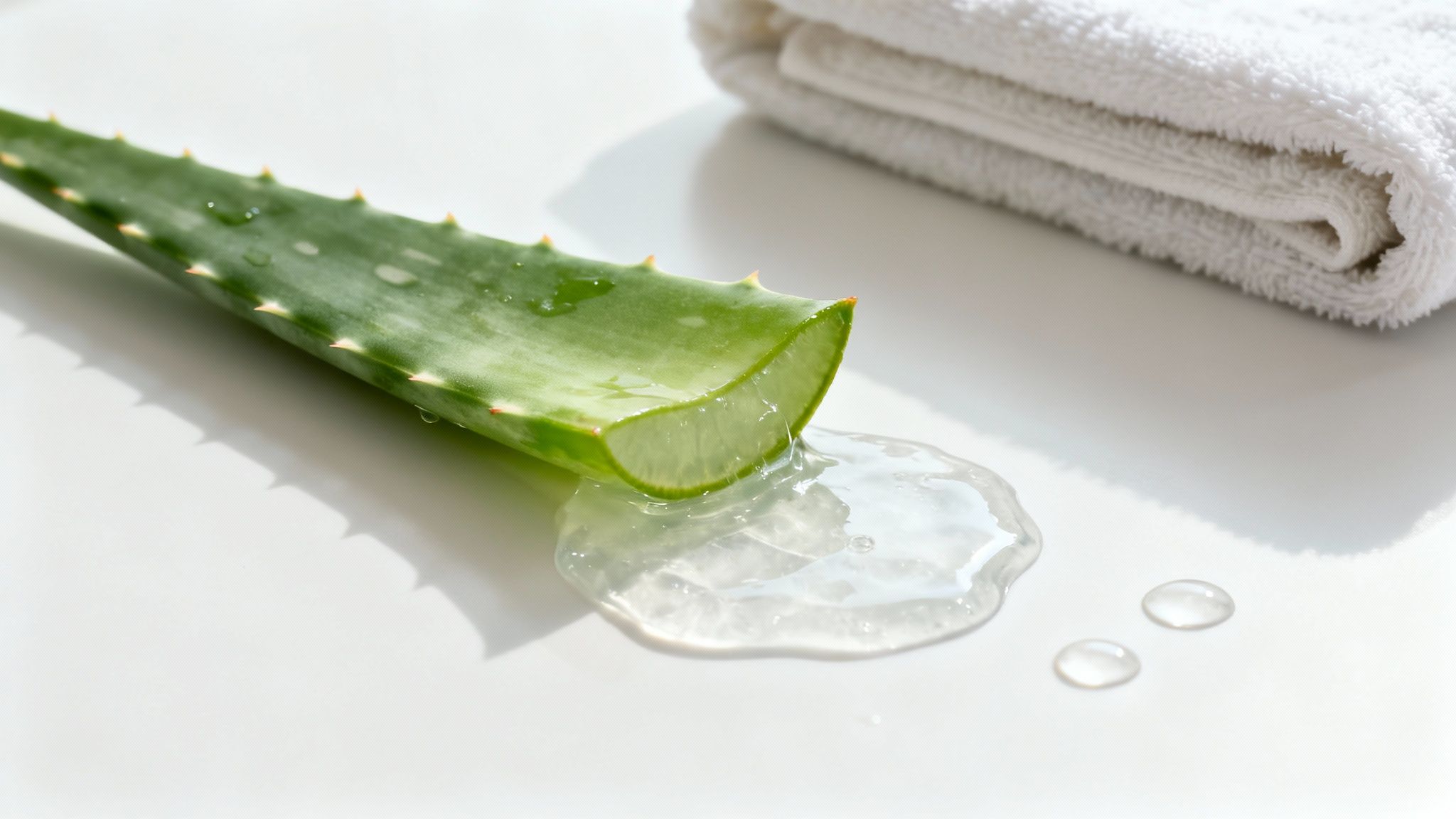 Freshly cut aloe vera leaf with clear gel oozing out onto a white surface, with a towel.