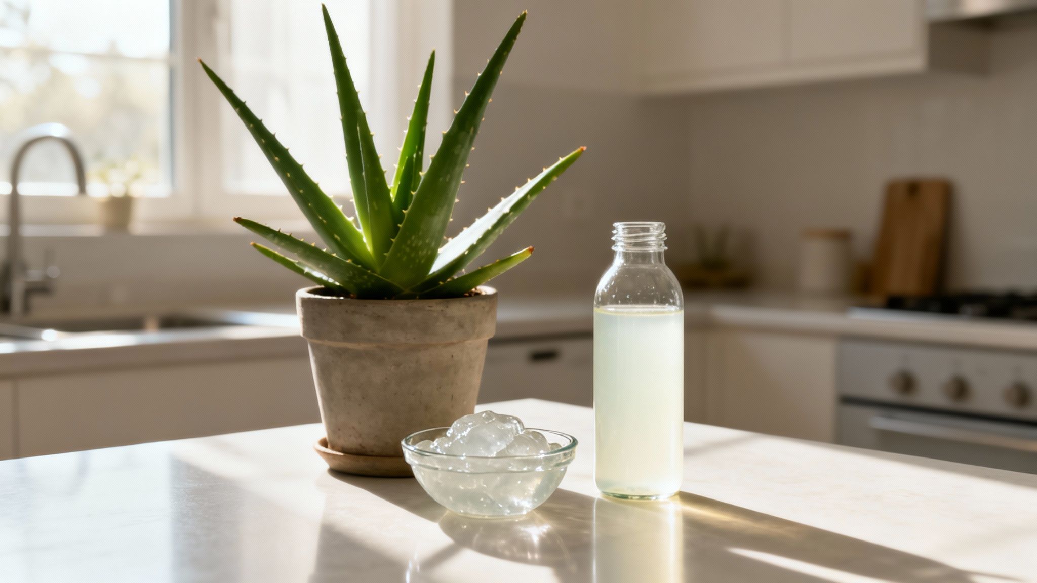 Potted aloe vera plant with extracted gel and juice on a modern kitchen counter.