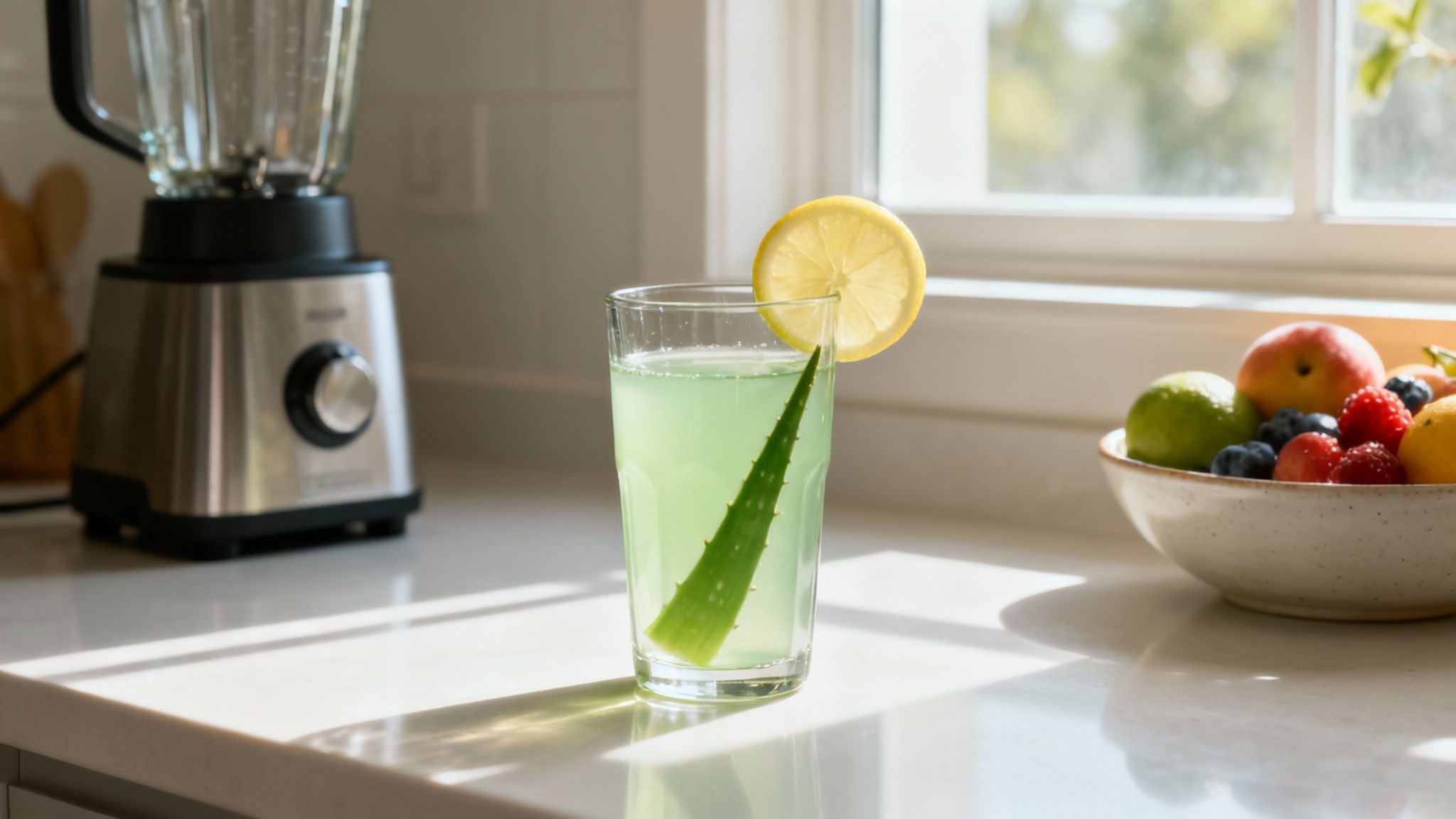 Glass of fresh aloe vera juice with lemon slice on bright kitchen counter