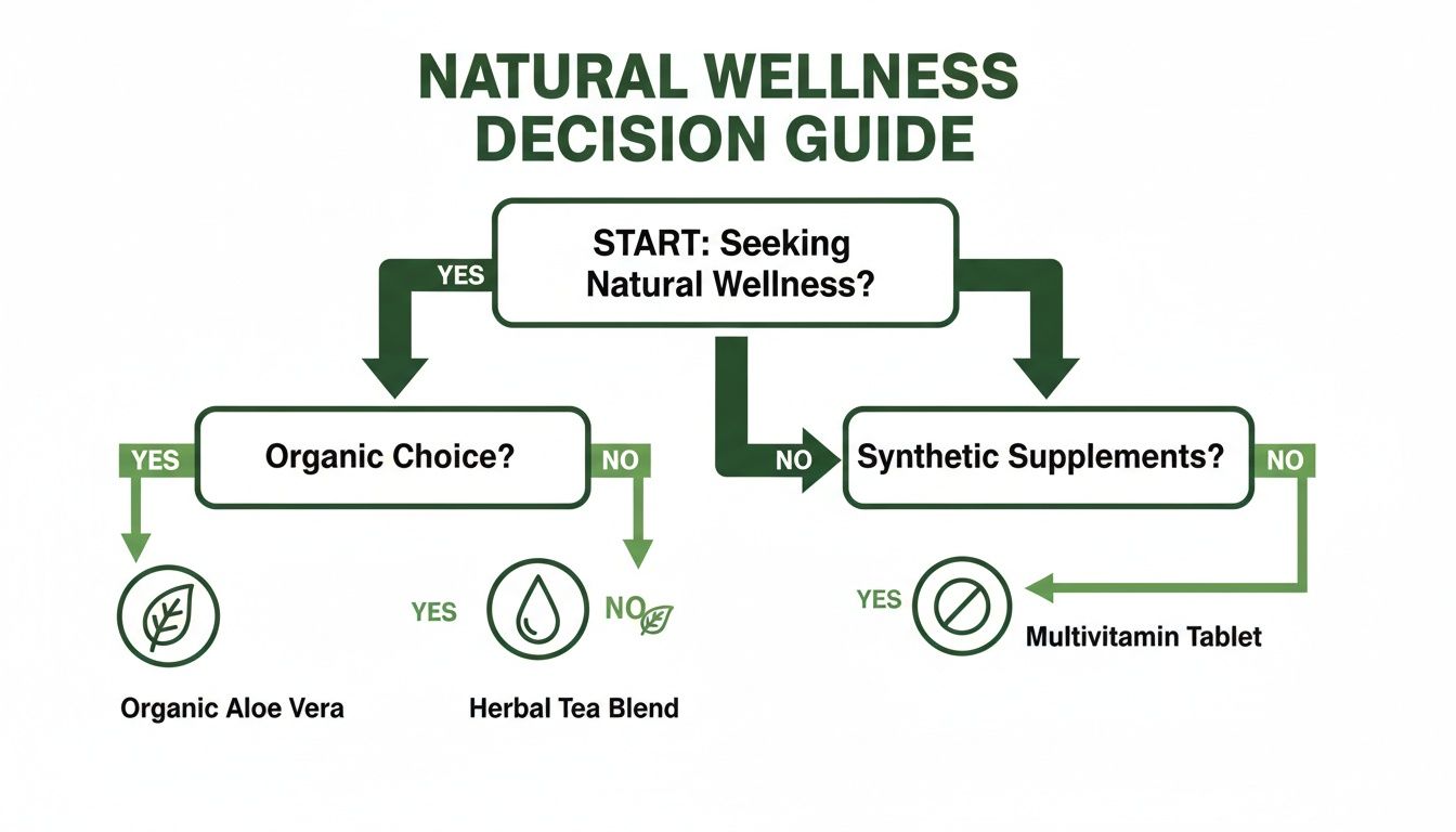 Flowchart guiding natural wellness decisions, leading to organic aloe vera, herbal tea, or multivitamin choices.