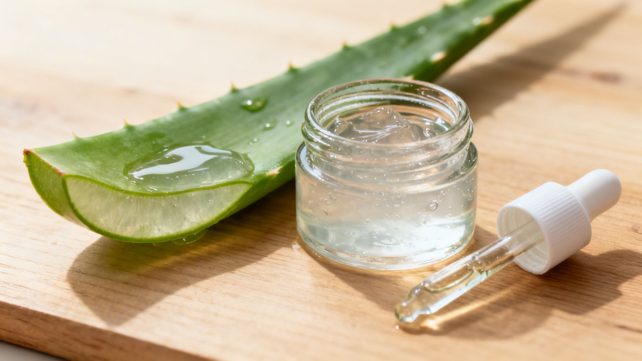 Freshly cut aloe vera leaf and a small jar of natural aloe vera gel with a dropper on a wooden surface.