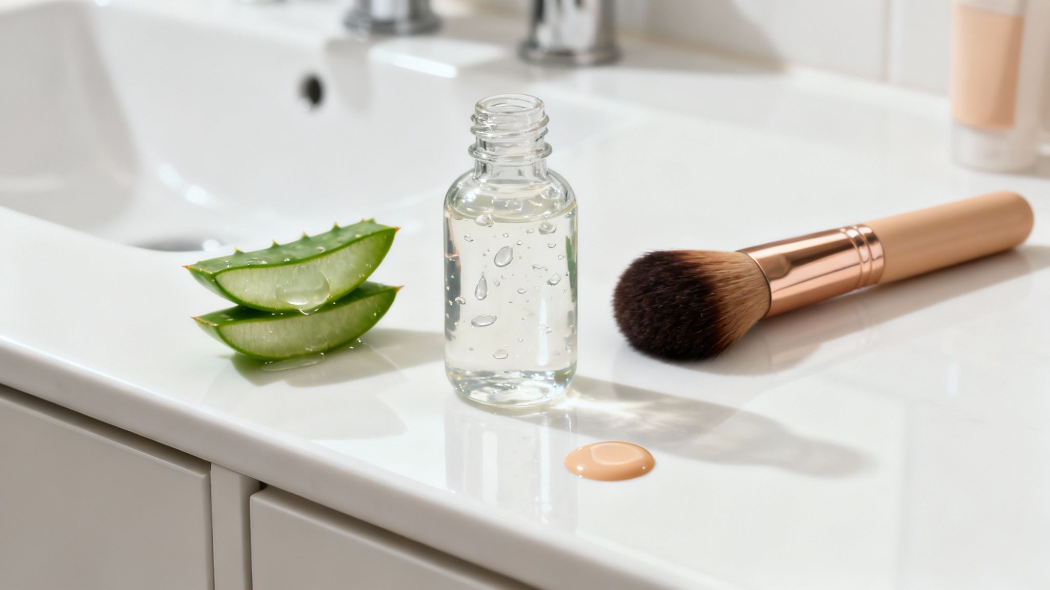 A high-quality bottle of aloe vera gel next to fresh aloe leaves.