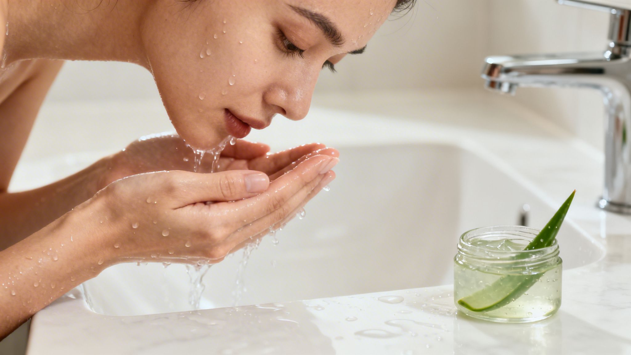 A woman gently splashes water on her face over a sink, with an aloe vera gel pot nearby.