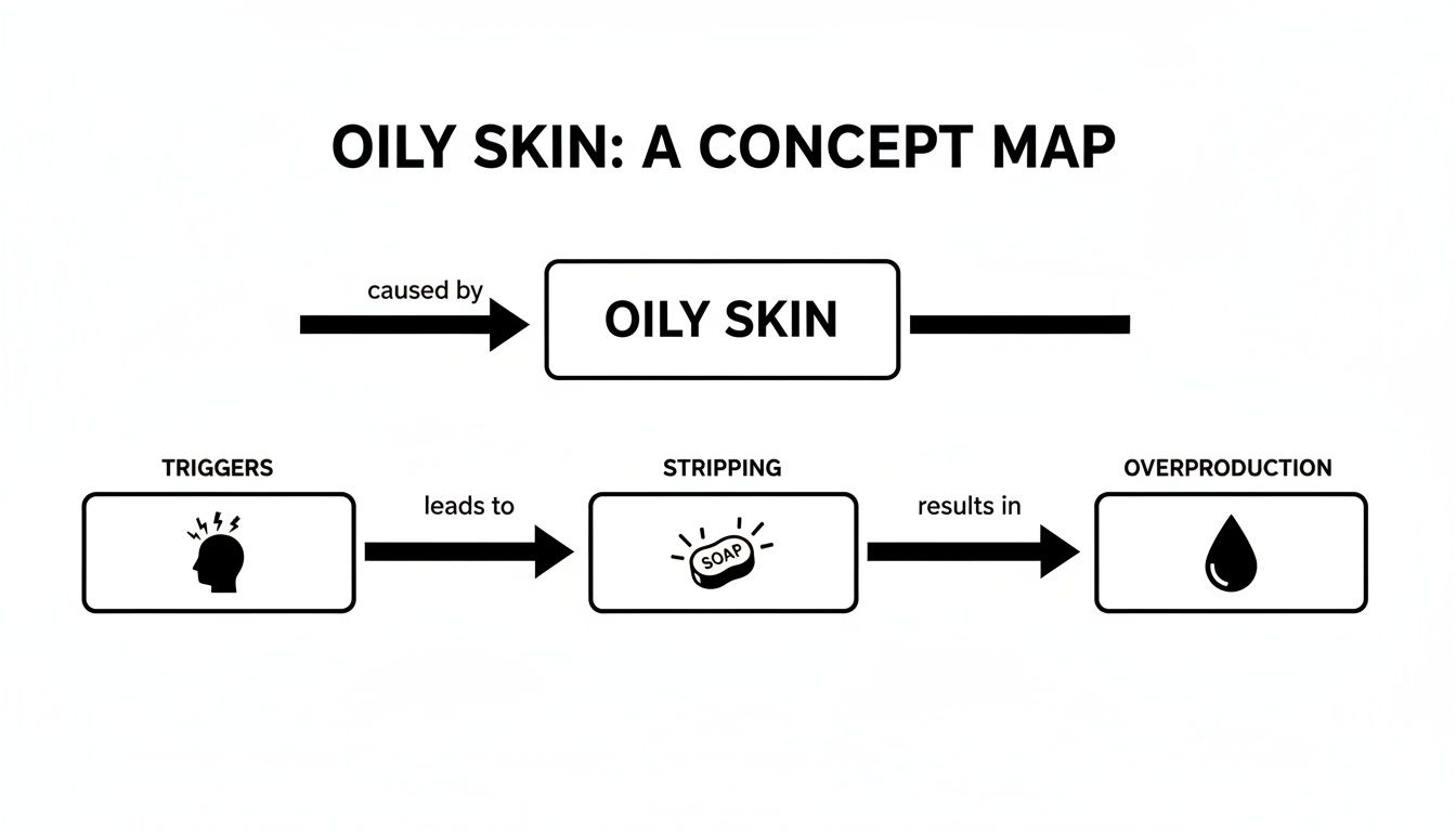 A concept map illustrating triggers that lead to skin stripping and subsequent overproduction, resulting in oily skin.