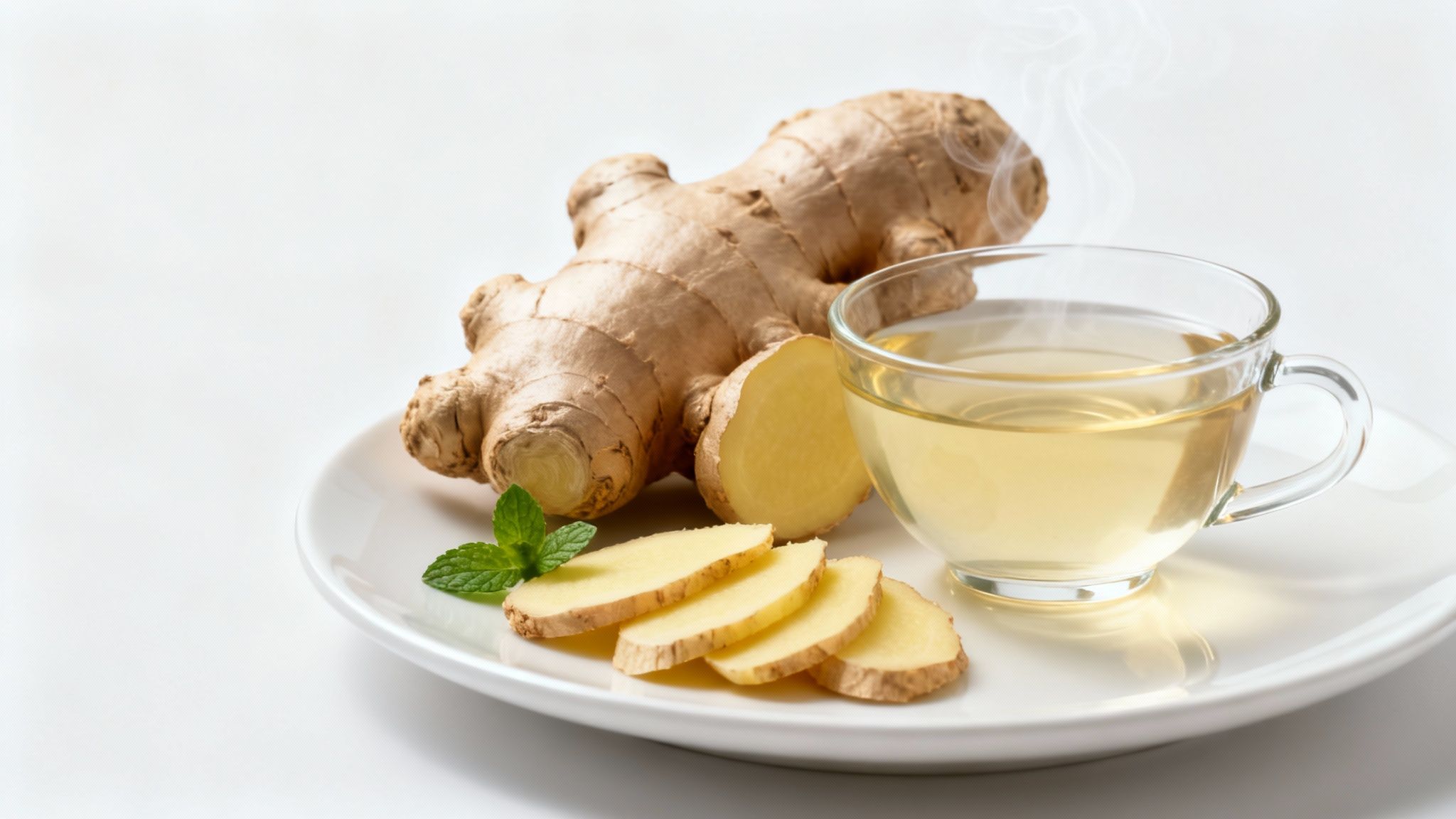 A steaming cup of ginger tea with fresh ginger root, sliced ginger, and mint on a white plate.