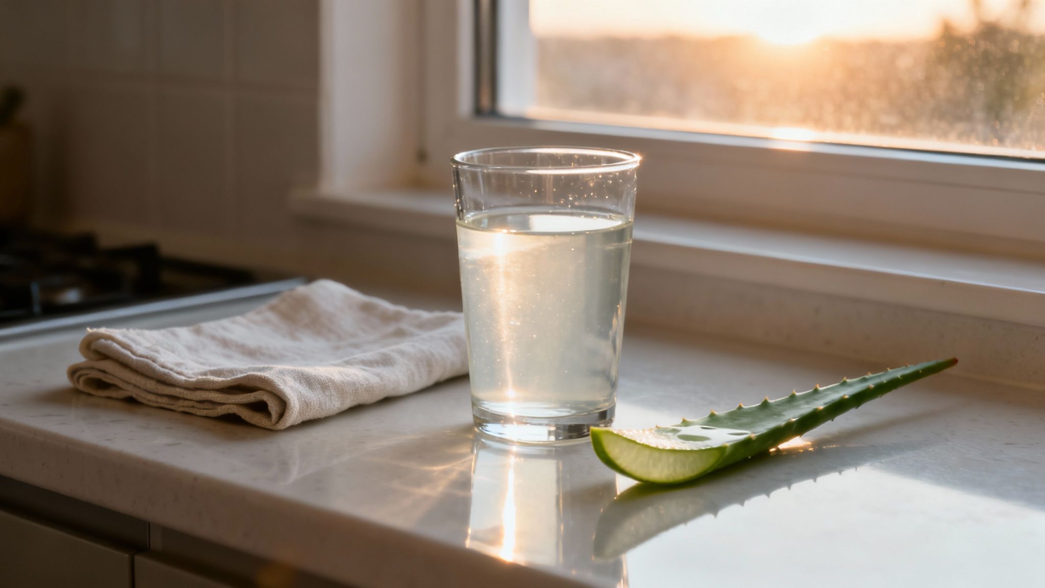 A glass of fresh aloe vera juice and an aloe leaf on a sunny kitchen counter.
