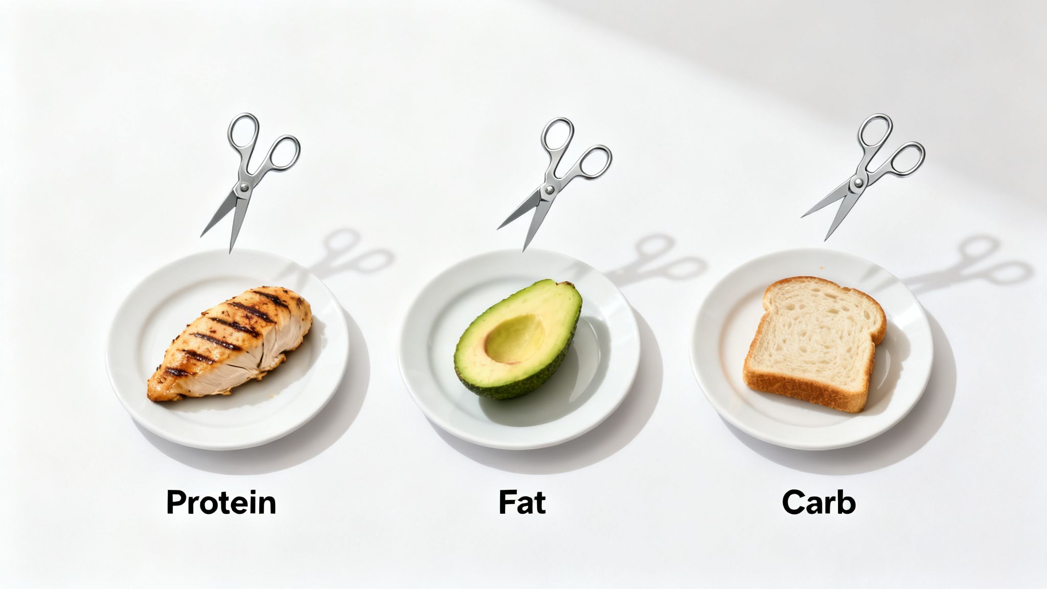 Three plates display protein (grilled chicken), fat (avocado), and carb (bread) foods with scissors, symbolizing nutrient cutting.