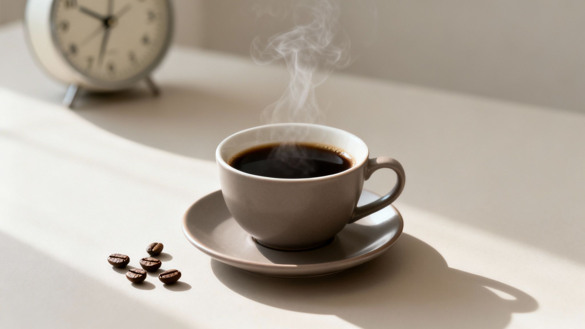A steaming cup of black coffee with scattered coffee beans on a light table, and a blurred alarm clock.