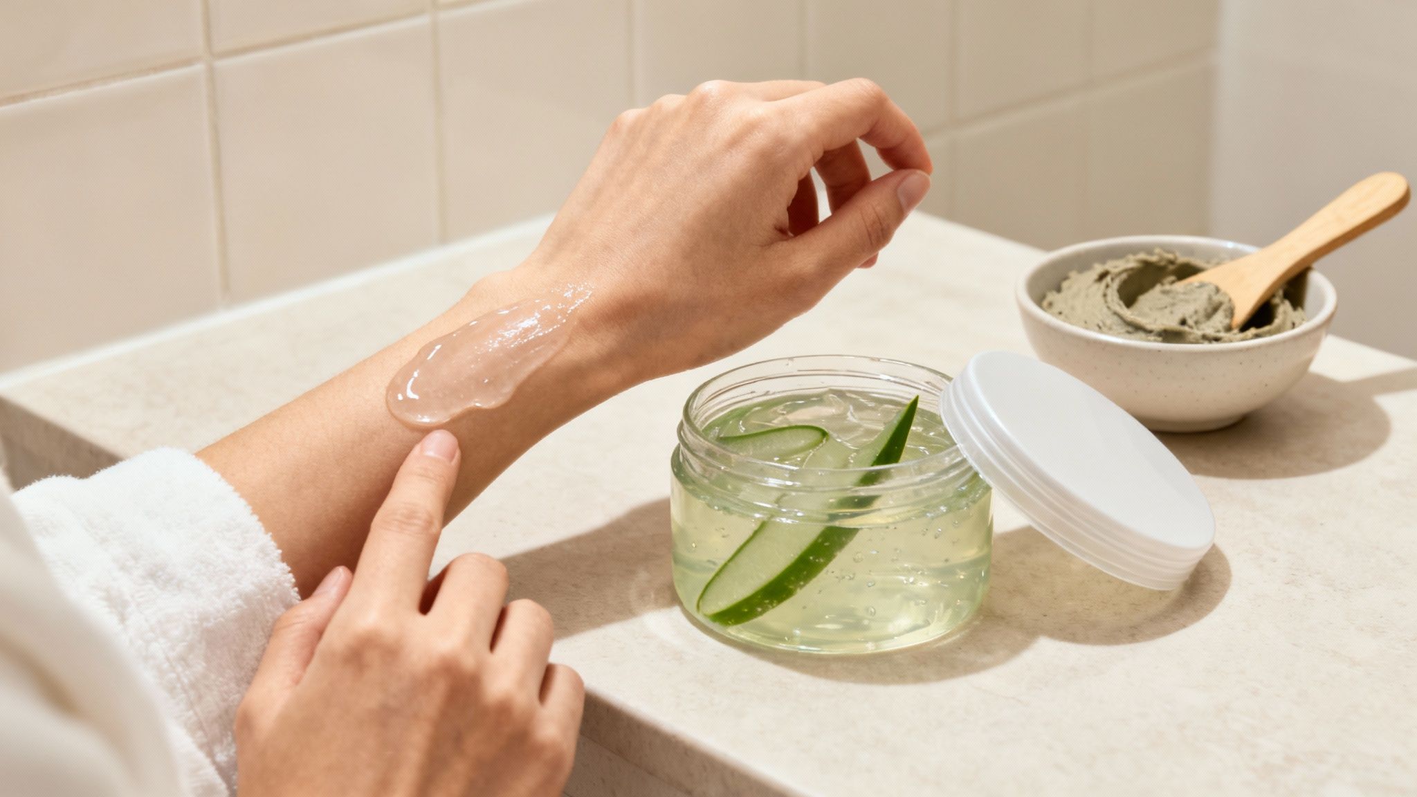 A person applies clear aloe vera gel to their arm, next to a jar and a clay mask.