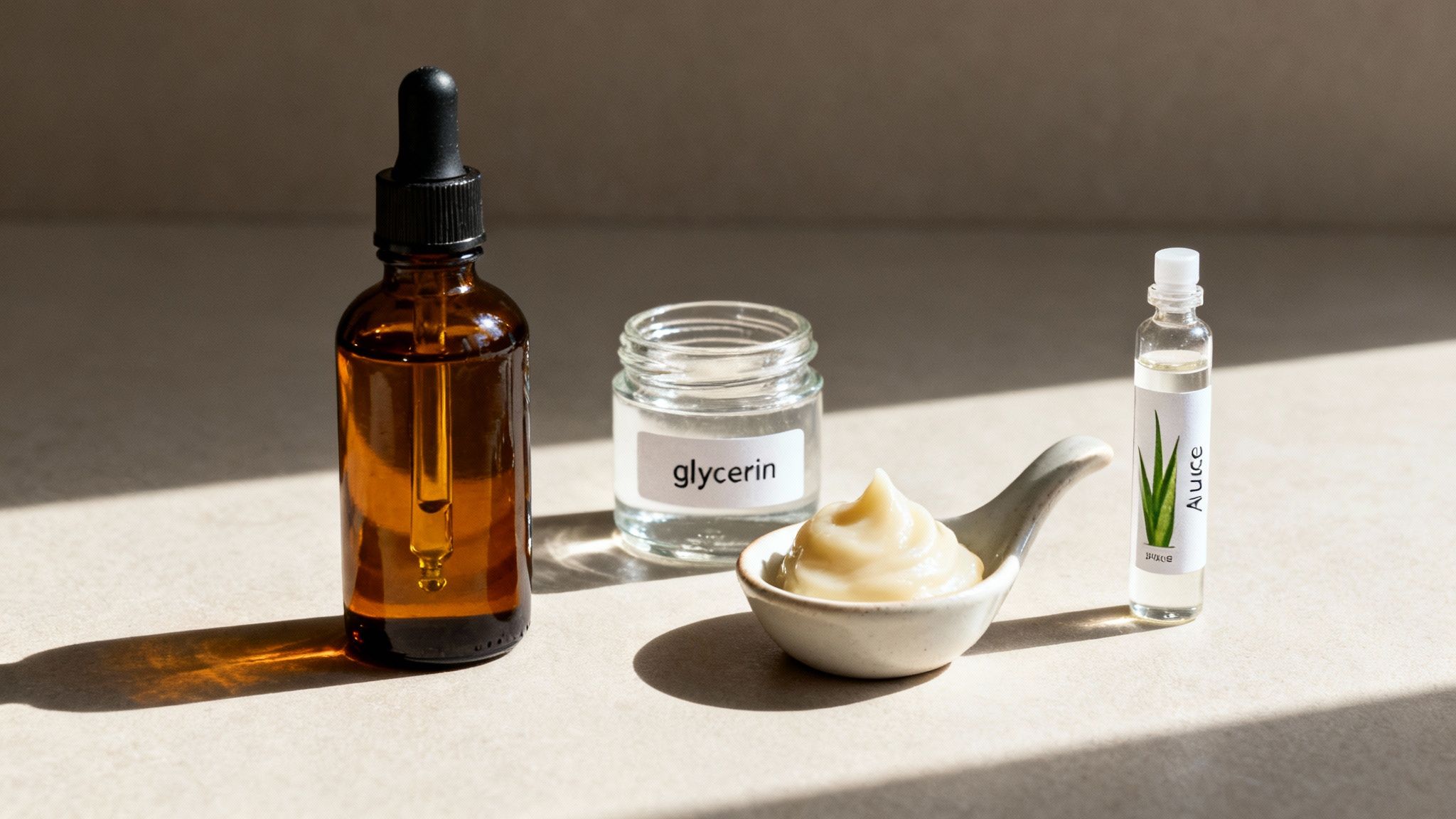 A person adding drops of oil to a spray bottle filled with aloe vera juice