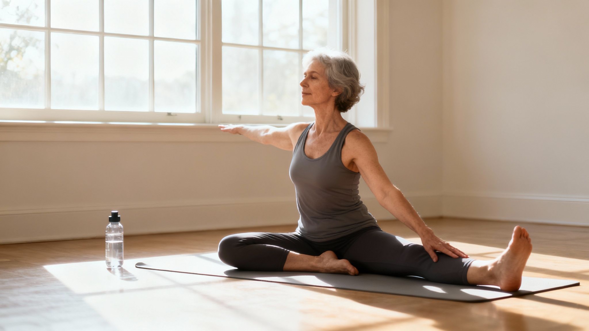 A person performs a gentle yoga pose in a bright, calm setting.