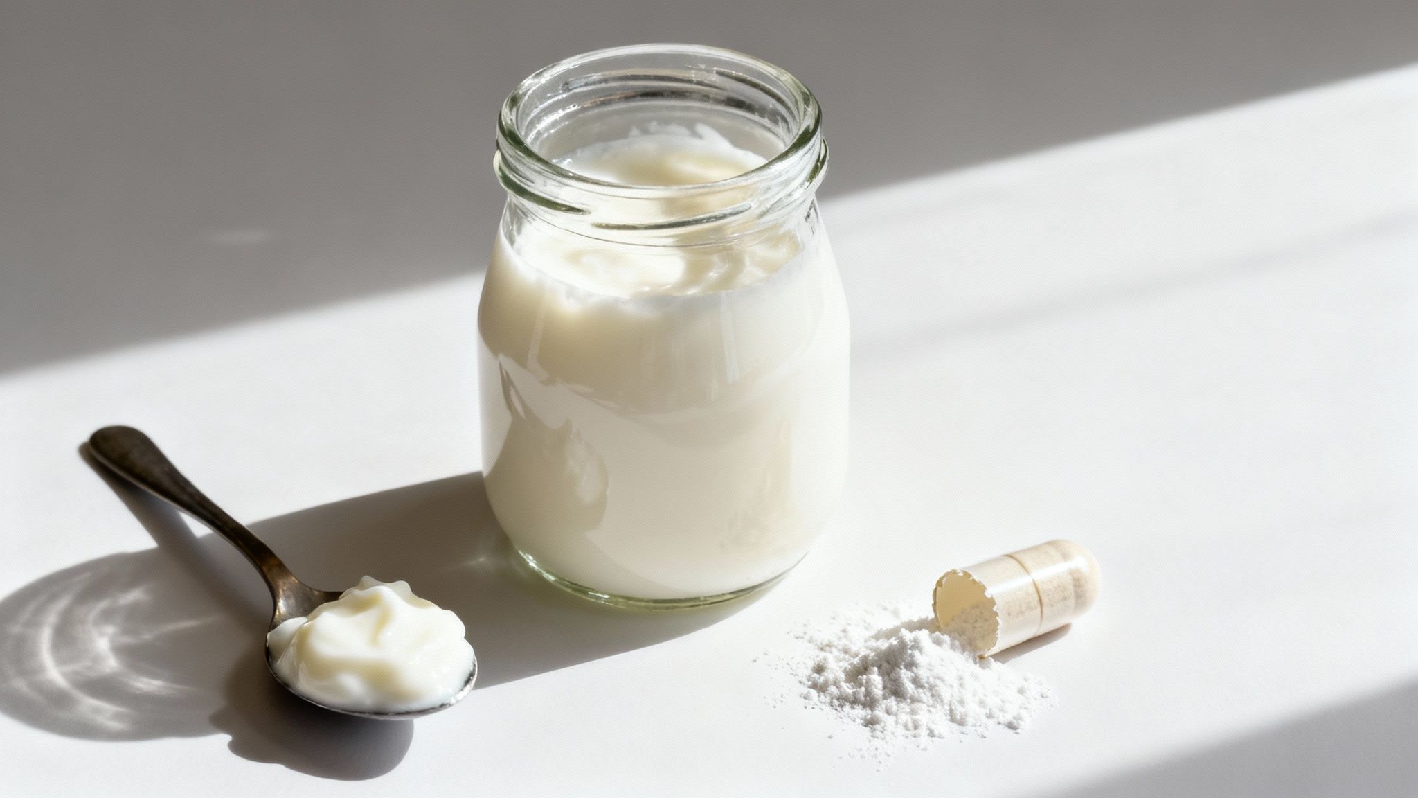 A glass jar of yogurt, a spoon with yogurt, and an opened probiotic capsule with white powder on a white surface.