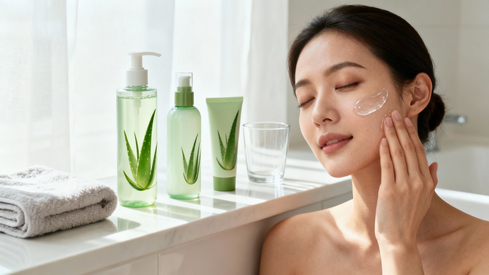 A woman smiles while applying clear aloe vera gel to her face with various products nearby.
