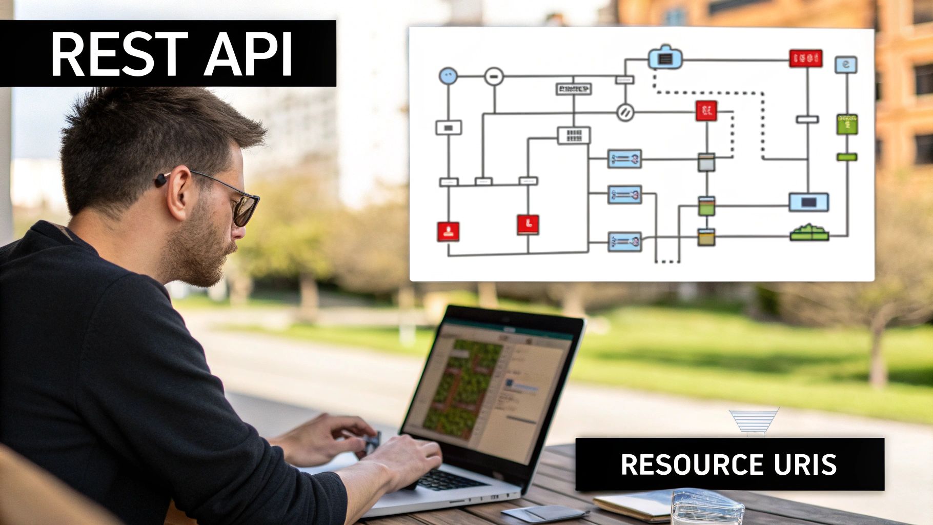 A developer working on a laptop, illustrating the concept of API design.