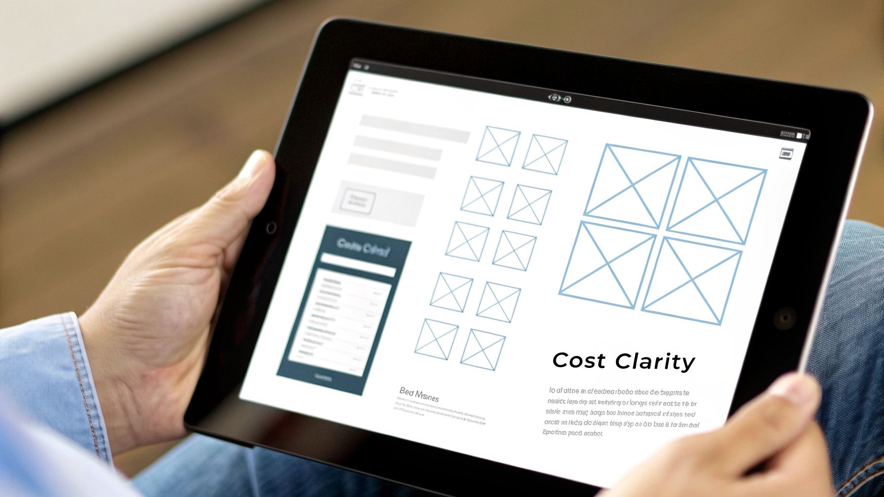 A designer and developer collaborating on an app layout on a large screen.
