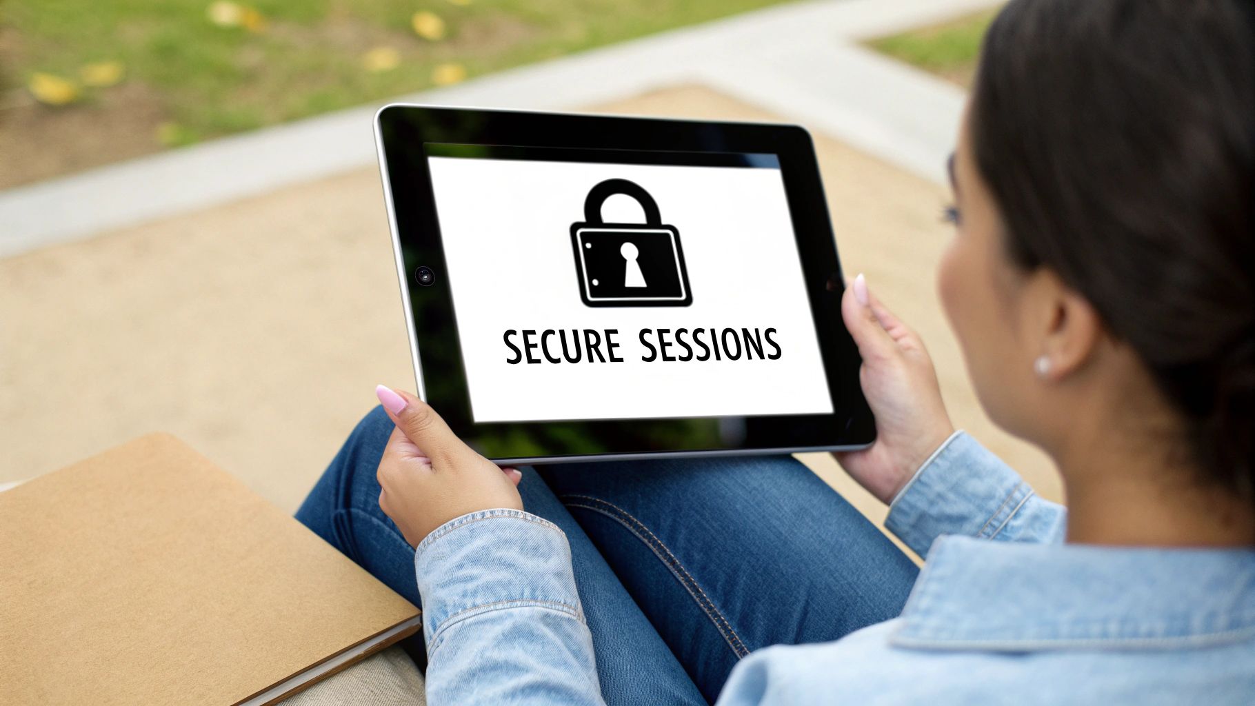 A secure lock icon overlaid on a user profile, illustrating the concept of secure user session management in an iOS app.