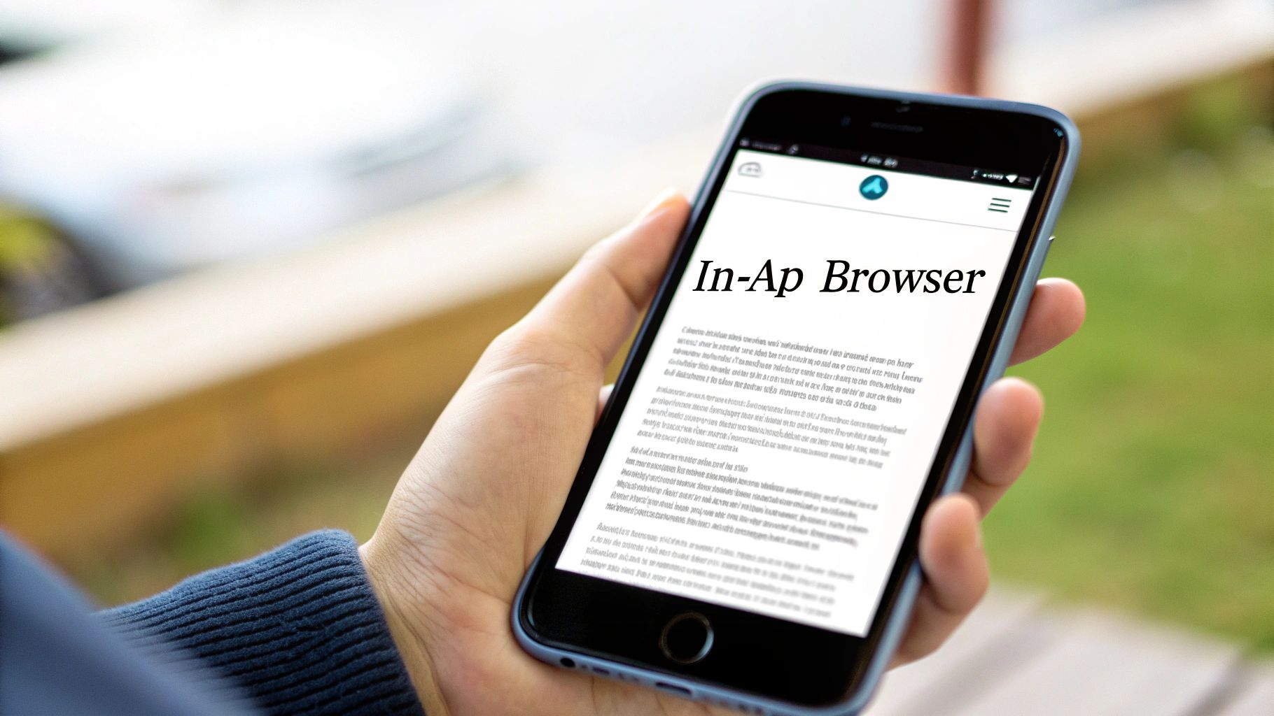 Illustration of a mobile phone displaying a social media app, with a webpage opened inside the app's interface, demonstrating the in-app browser concept.