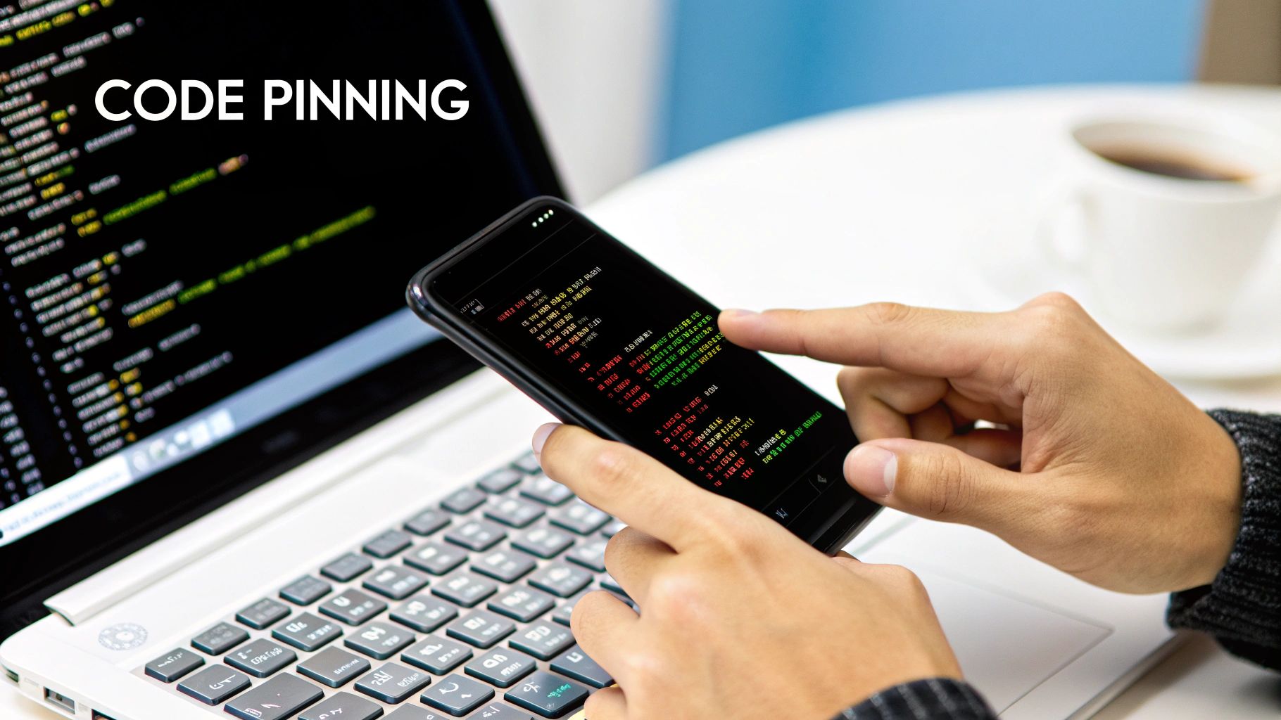 A code snippet showing programmatic SSL pinning with OkHttp on a dark background.