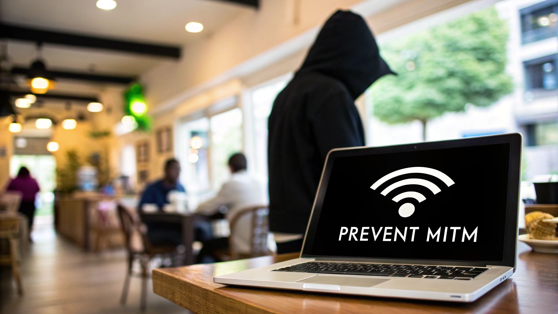 A person at a coffee shop using a laptop, with a red warning symbol overlaying the Wi-Fi signal, illustrating the danger of public networks.