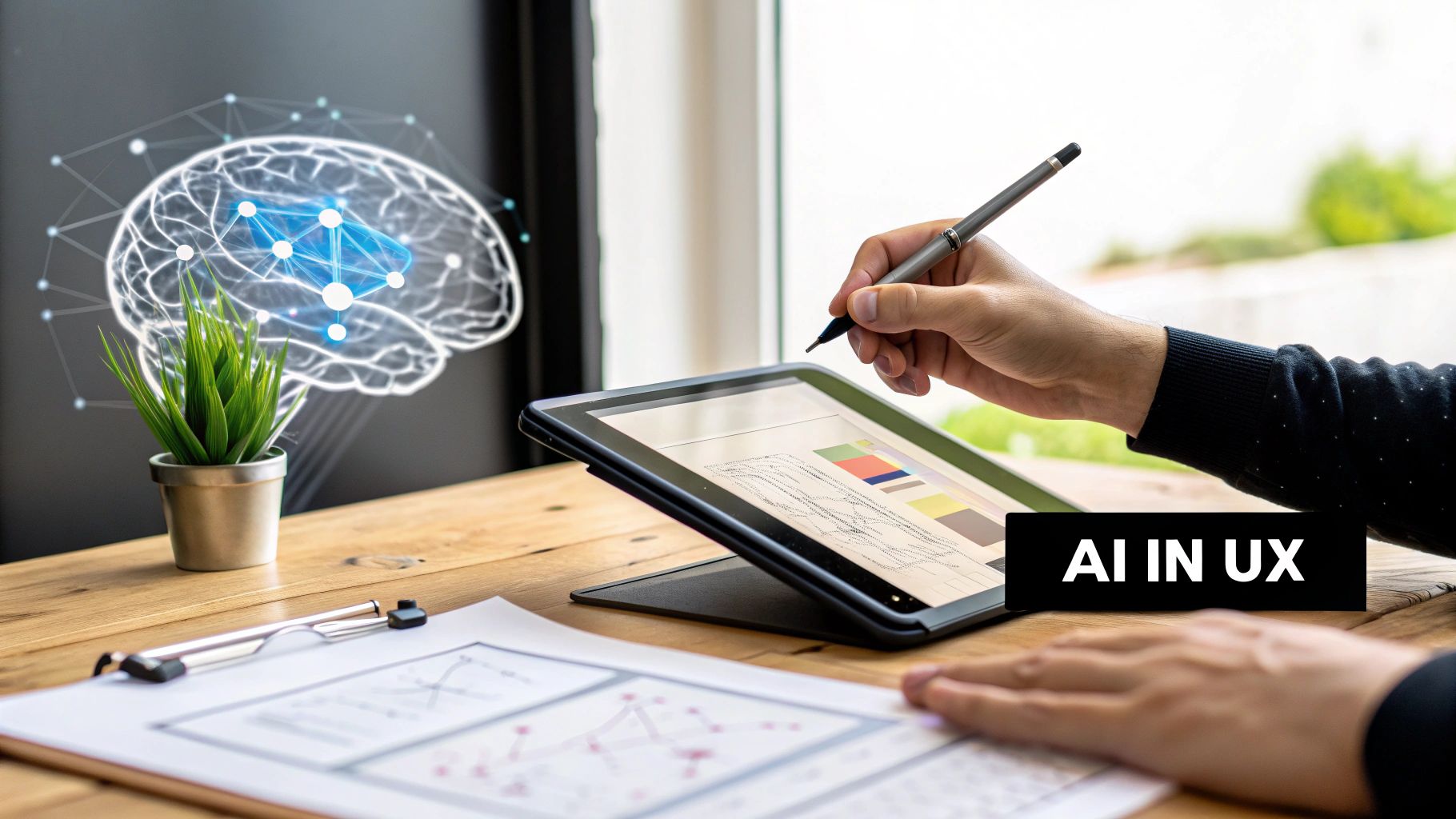 A designer interacting with an AI-powered user interface on a large screen.