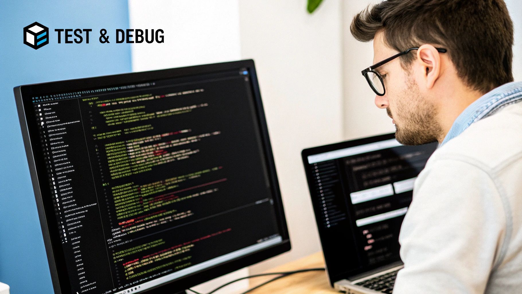 Person looking at code on a computer screen, troubleshooting a problem.
