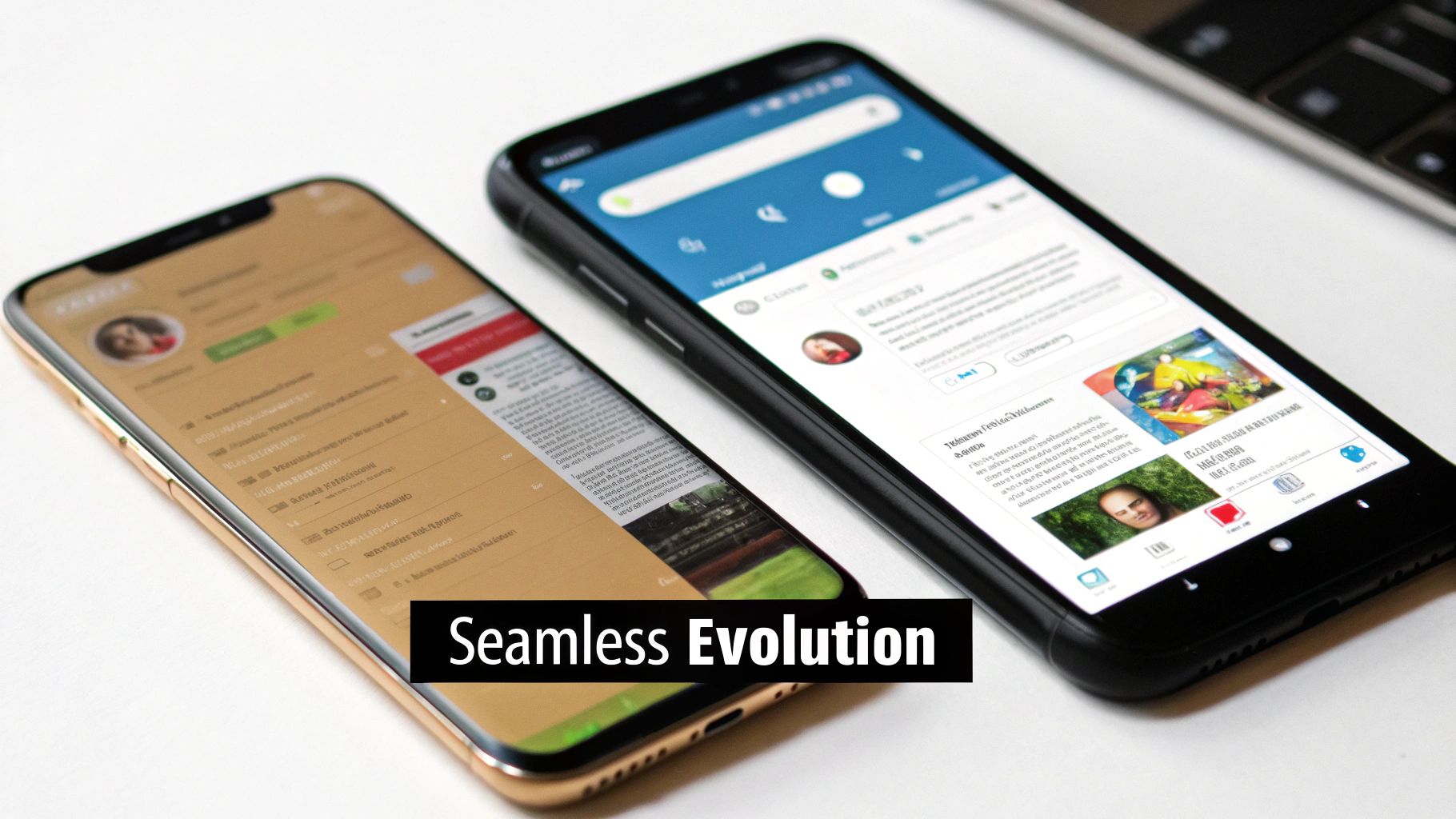 An old smartphone next to a new one, showing the evolution from clunky external browsers to sleek in-app browsing.