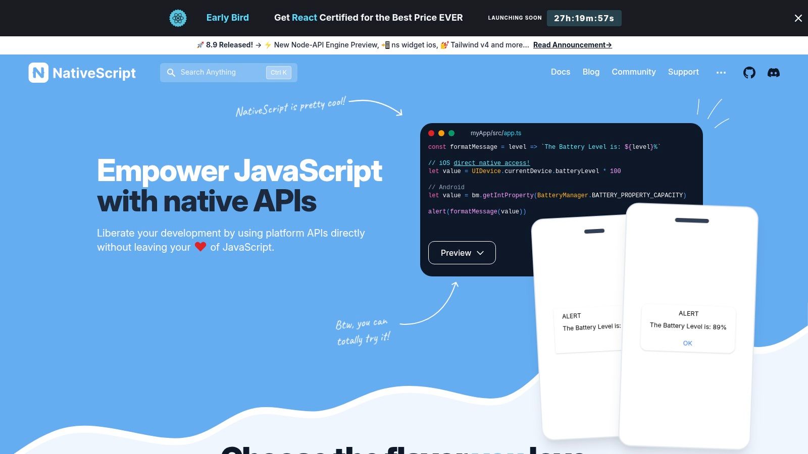 A code editor showing a NativeScript project, alongside a mobile preview of a sophisticated, native-feeling application.