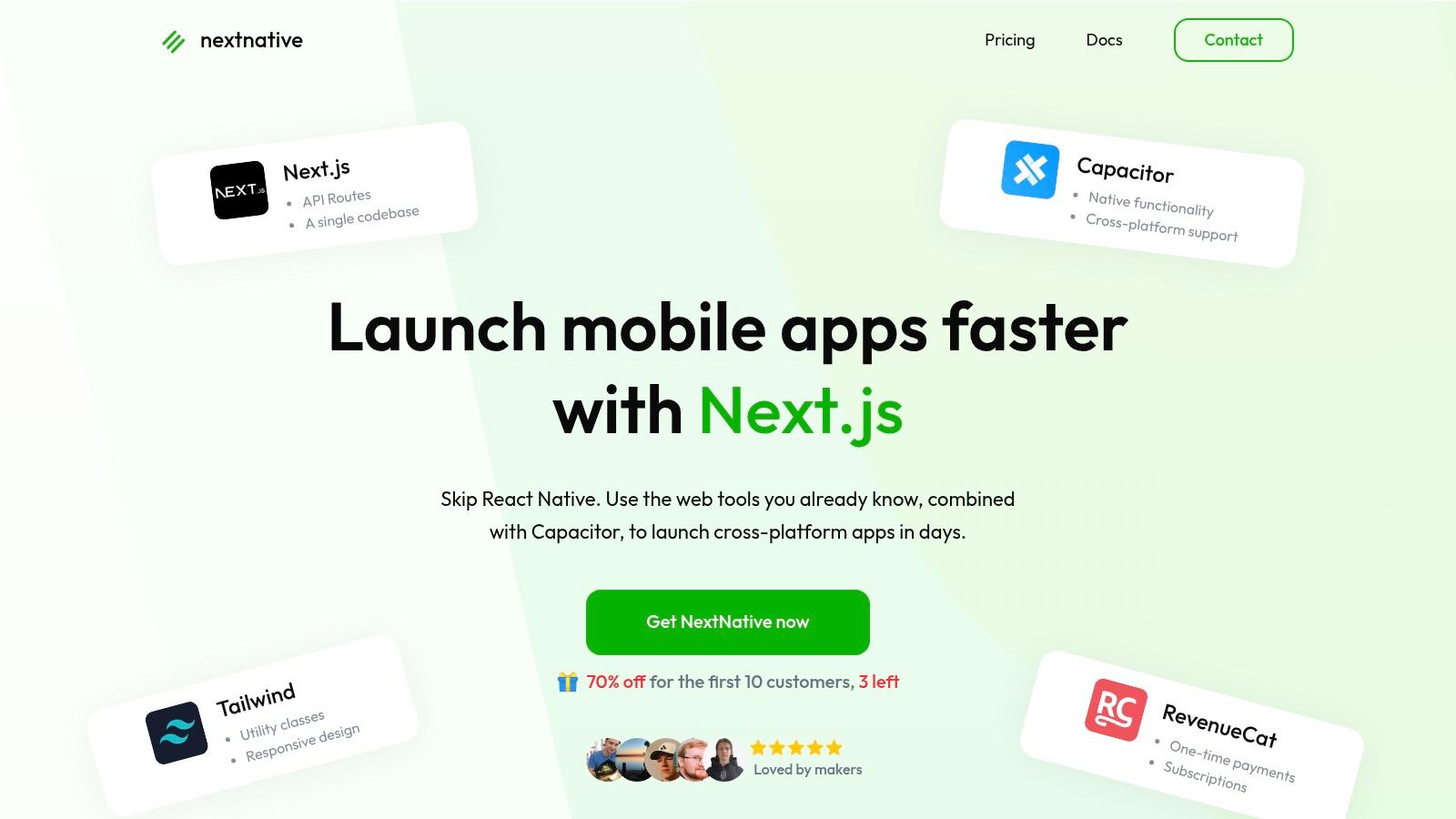 A code editor showing Next.js and Capacitor setup, with a mobile device preview displaying a polished app interface.