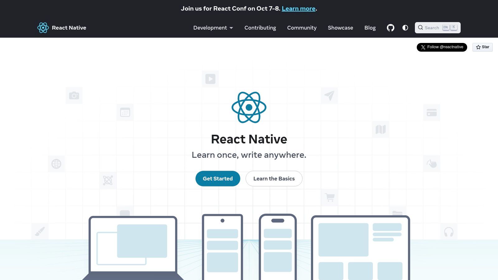 A code editor showing React Native code with a mobile preview of an application.