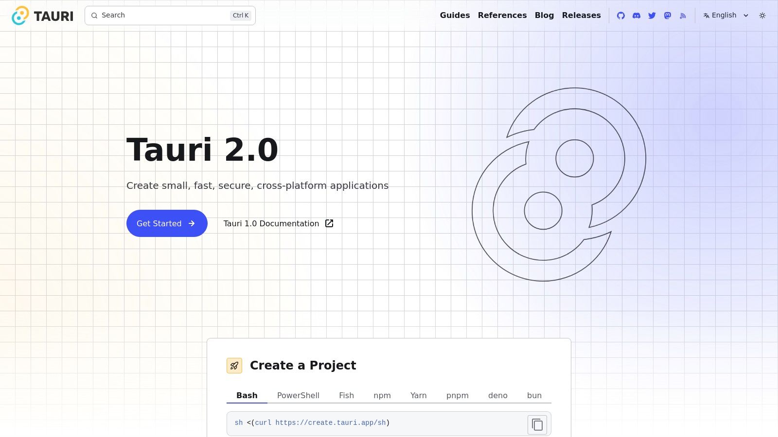 A code editor displaying a Tauri project setup with Rust and JavaScript files, alongside a sleek, native-looking desktop application.