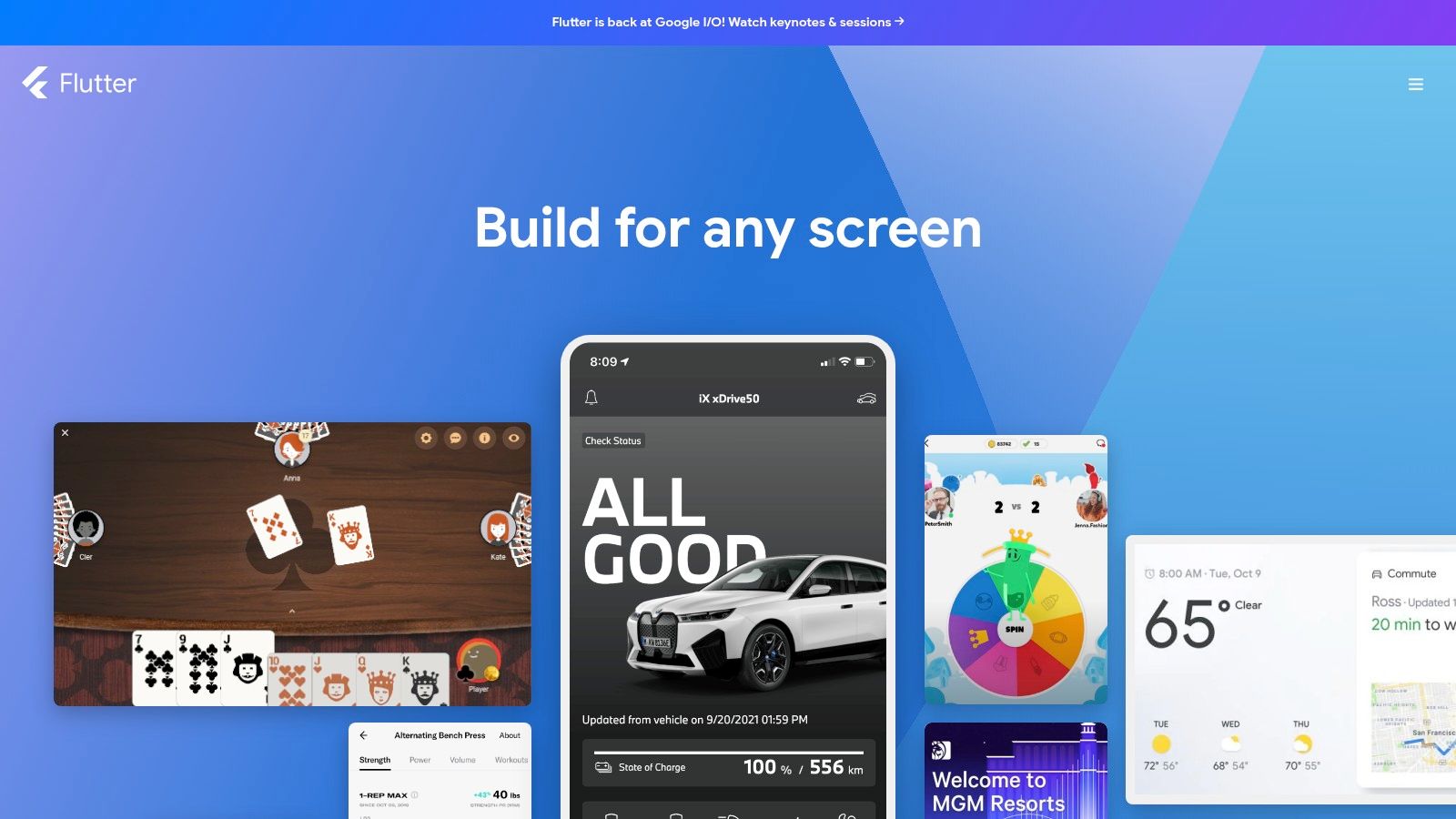 An illustration of the Flutter logo with various mobile and desktop app screens showing its cross-platform capabilities.