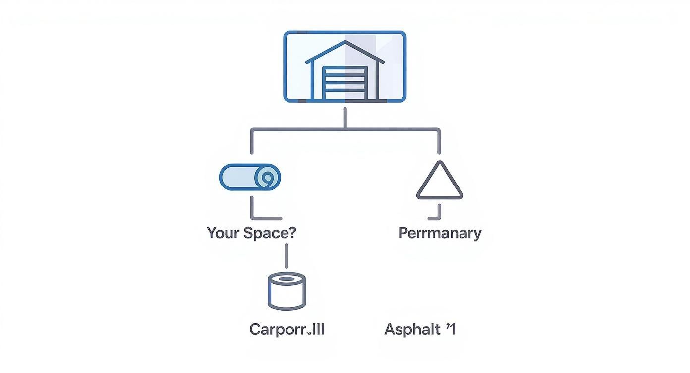A flowchart diagram illustrating garage options, leading to 'Your Space?' (Carpurr.lll) and 'Perrmanary' (Asphalt ’1).