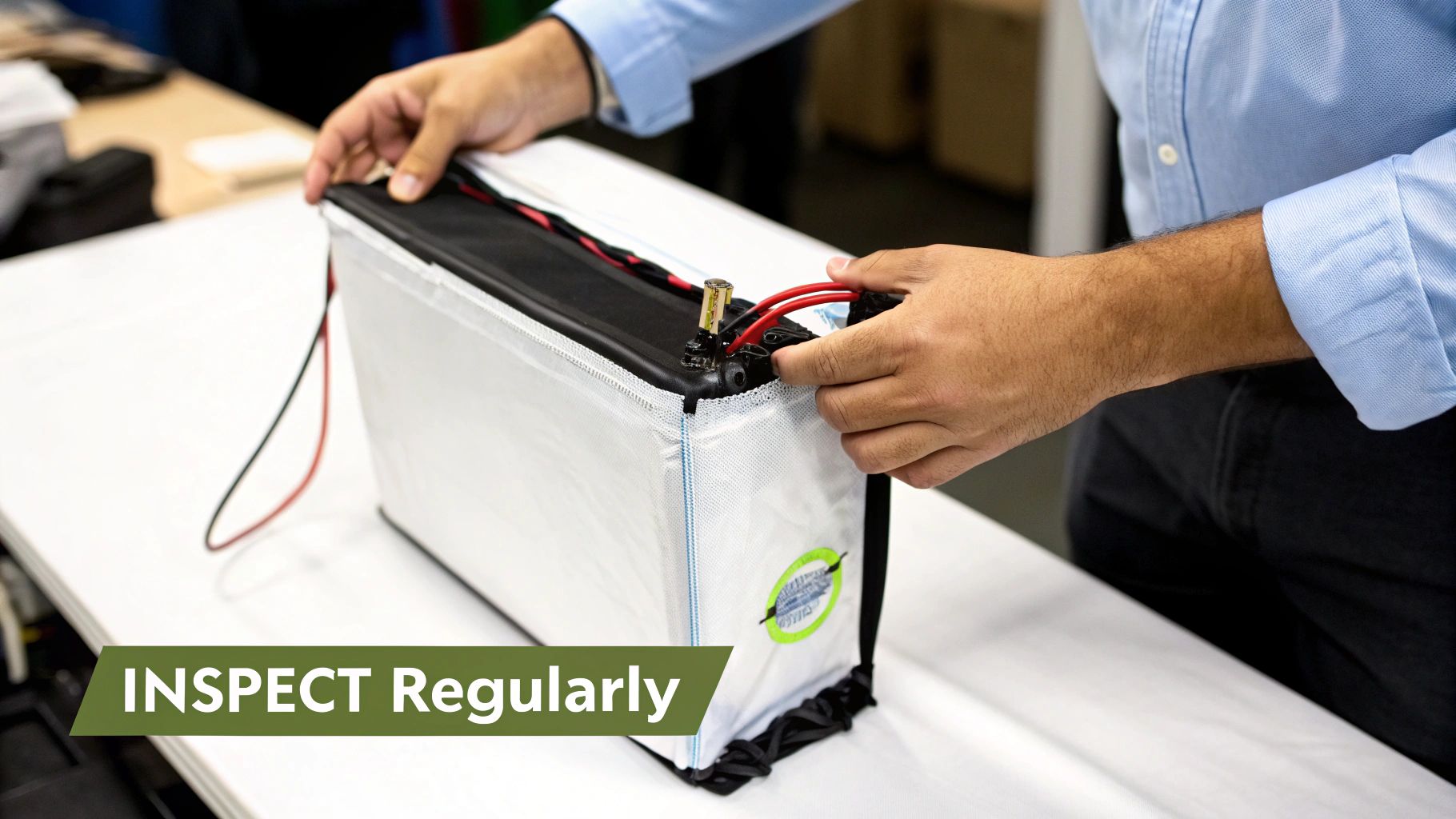 Hands inspect a white-covered lithium battery pack with red and black wires on a white table.