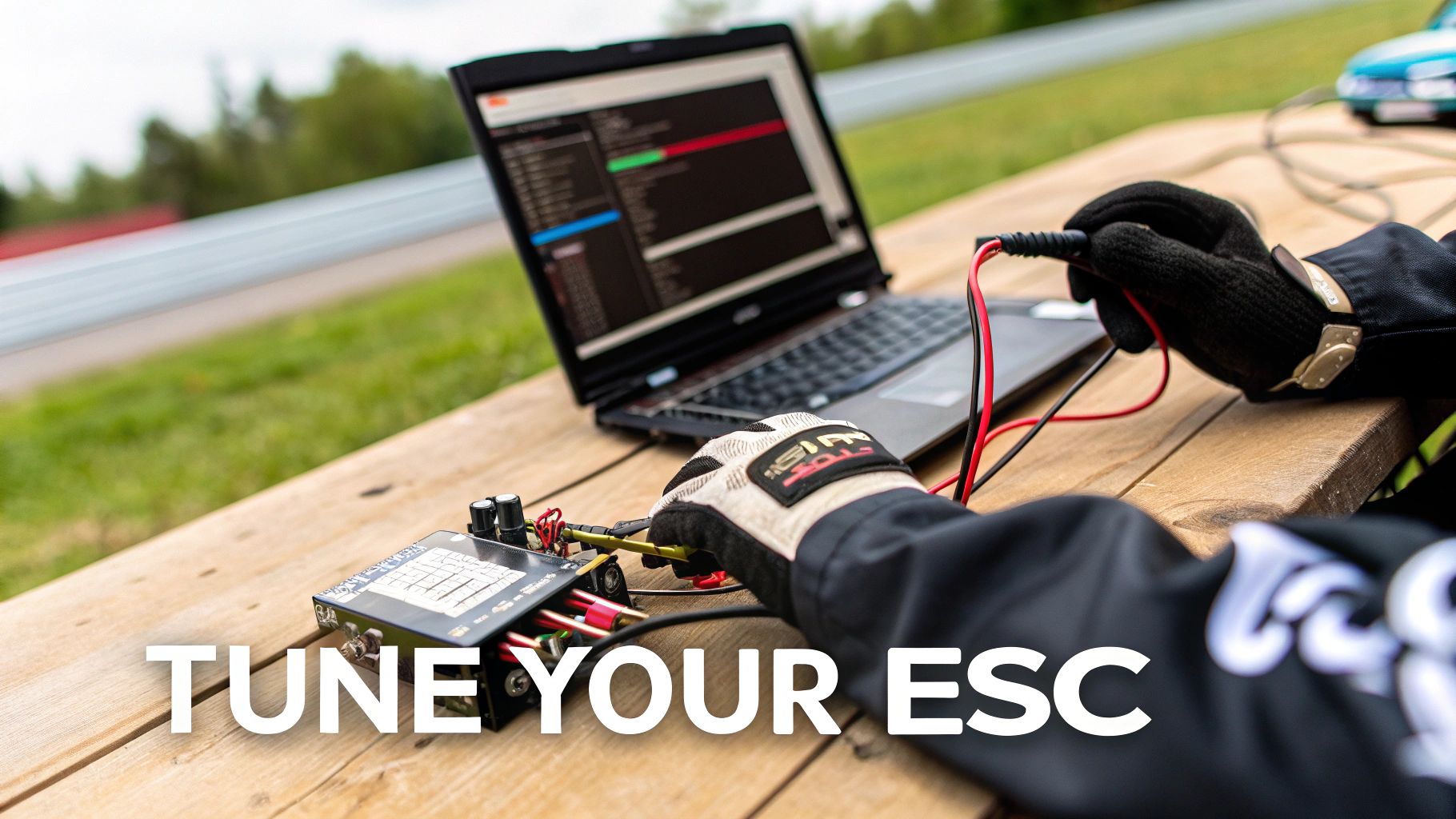 Person in racing gloves connects an ESC to a laptop, tuning an RC car's electronic speed controller on a wooden table.