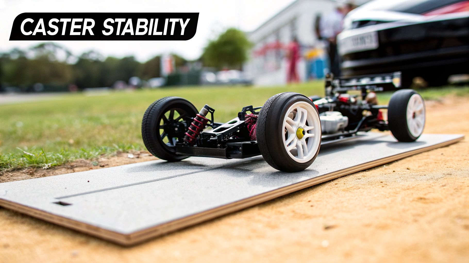 A detailed remote control car on a grey display board with 'CASTER STABILITY' text.