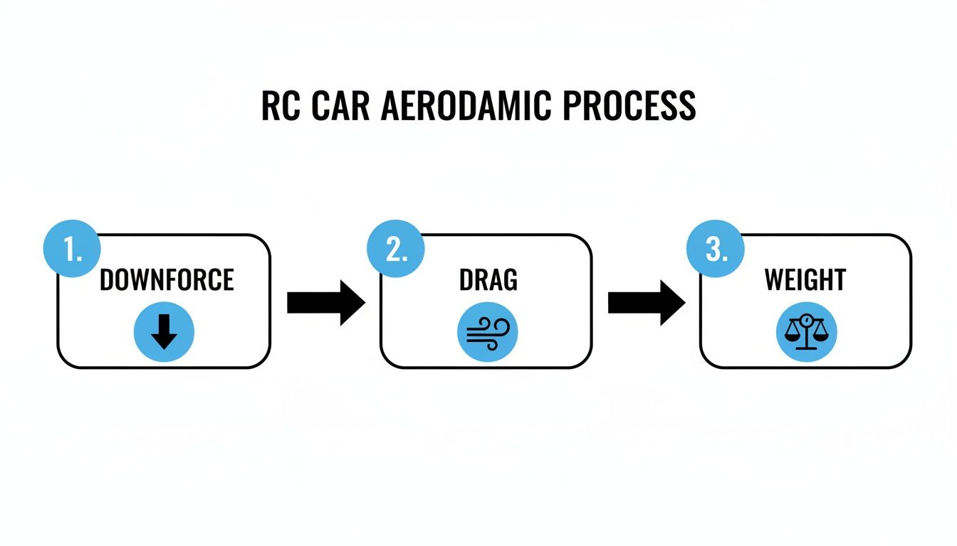 Flowchart illustrating the RC car aerodynamic process, detailing downforce, drag, and weight in three steps.