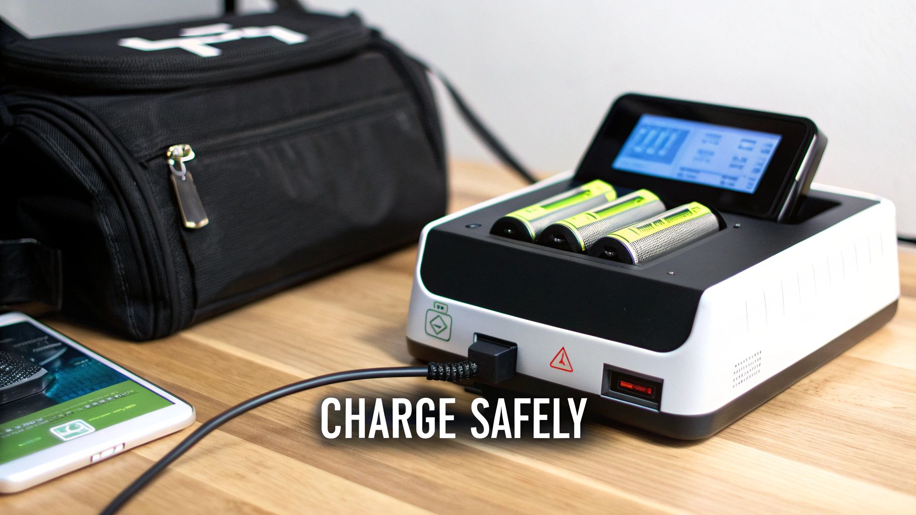 A multi-slot battery charger with batteries, a smartphone, and a charging cable on a wooden desk, emphasizing safe charging.