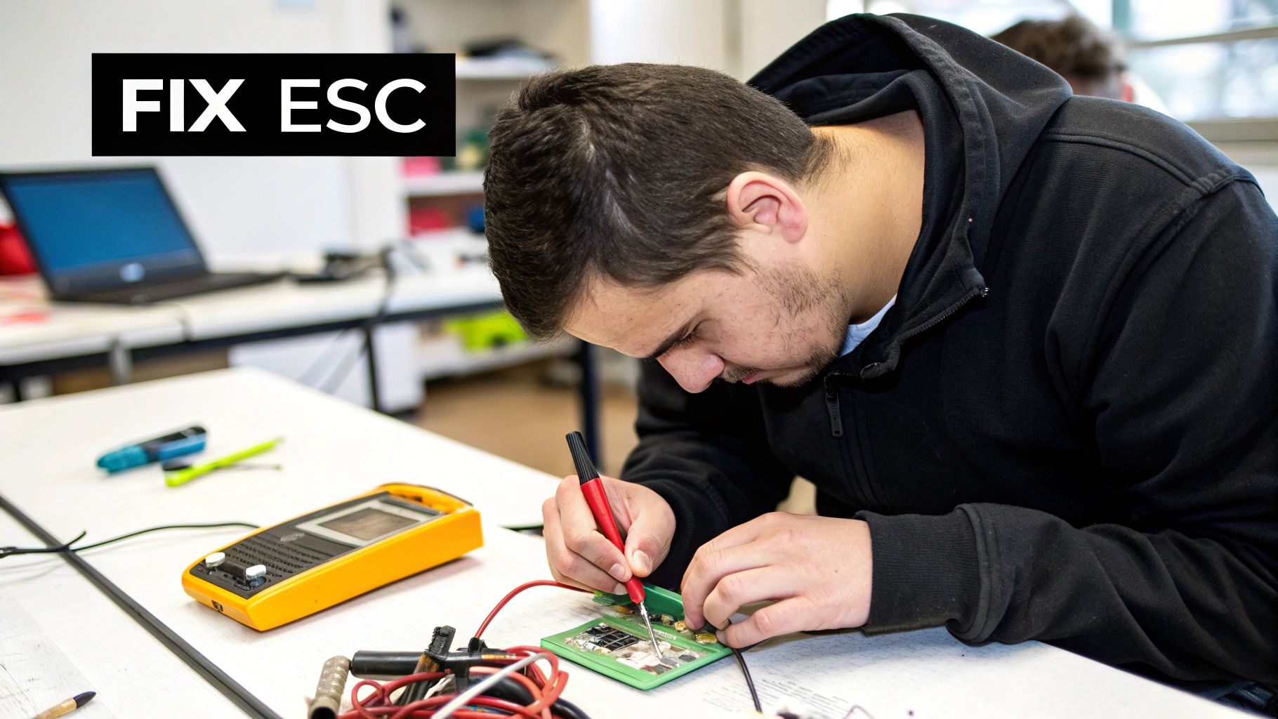 Young man fixing an electronic speed control (ESC) circuit board with tools on a white table.