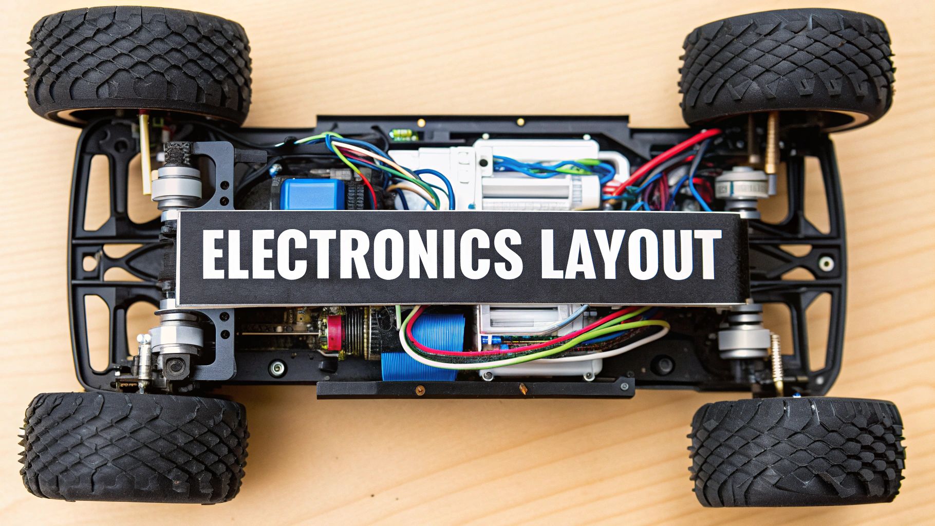 Overhead view of an RC car chassis with visible electronics layout and wiring on a wooden surface.