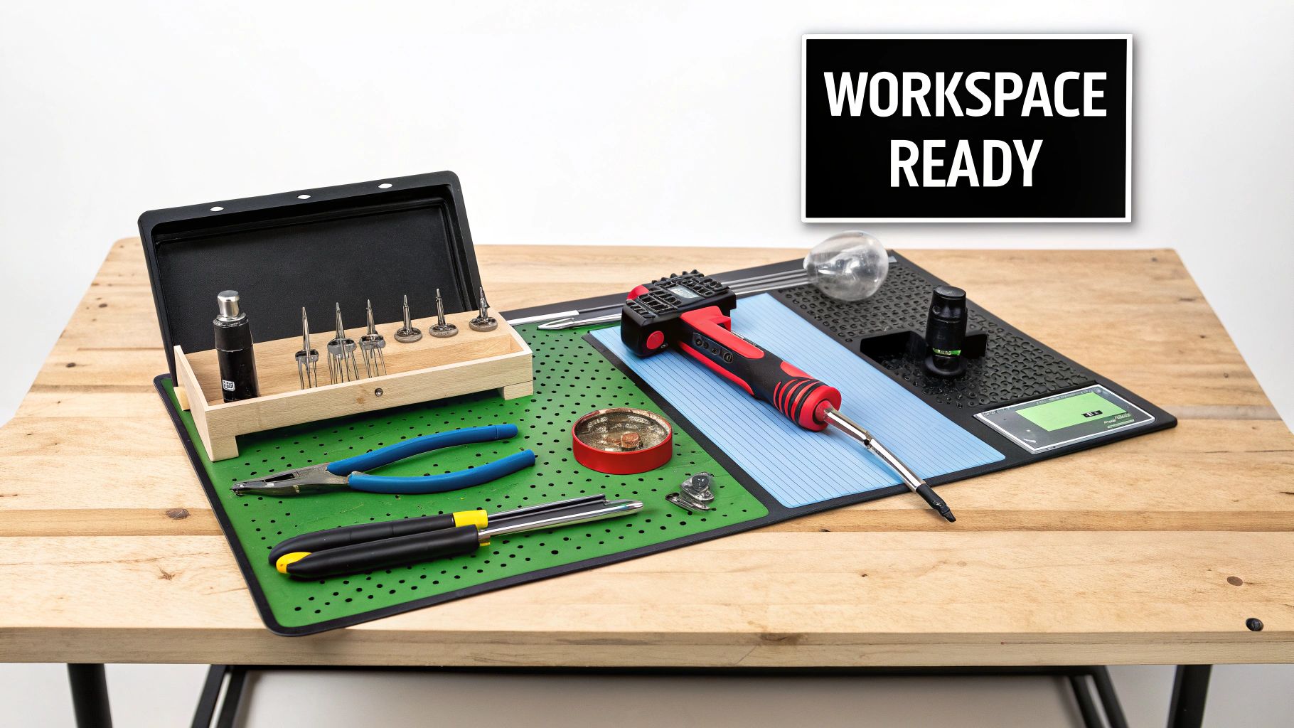 A neatly organized workbench with electronics repair tools, including a screwdriver, pliers, and various bits, on a green and black mat.