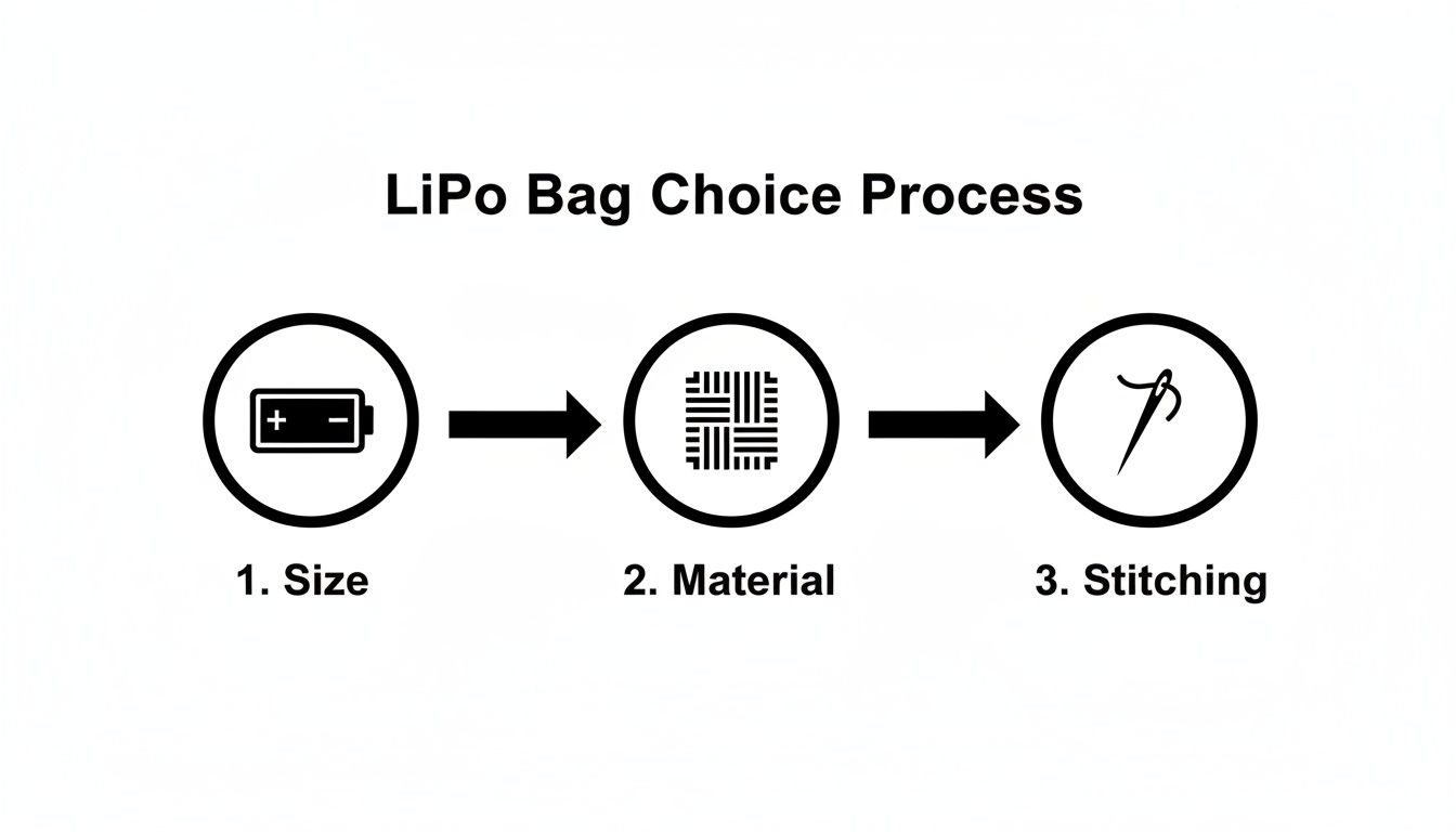 A flowchart illustrating the three key steps in choosing a LiPo battery safety bag: size, material, and stitching.