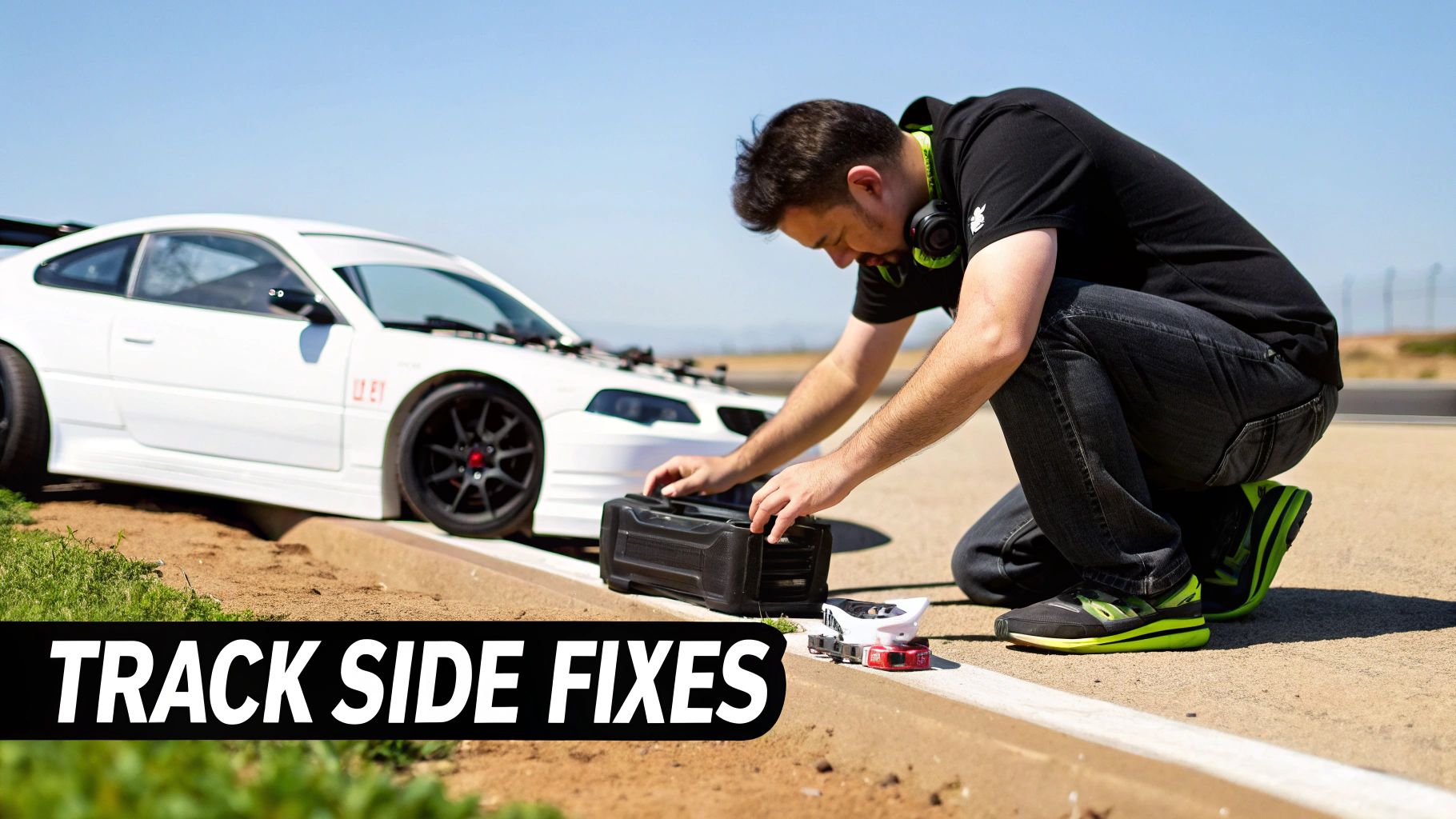 A man kneels on a race track beside a white car and a toolbox with RC cars.