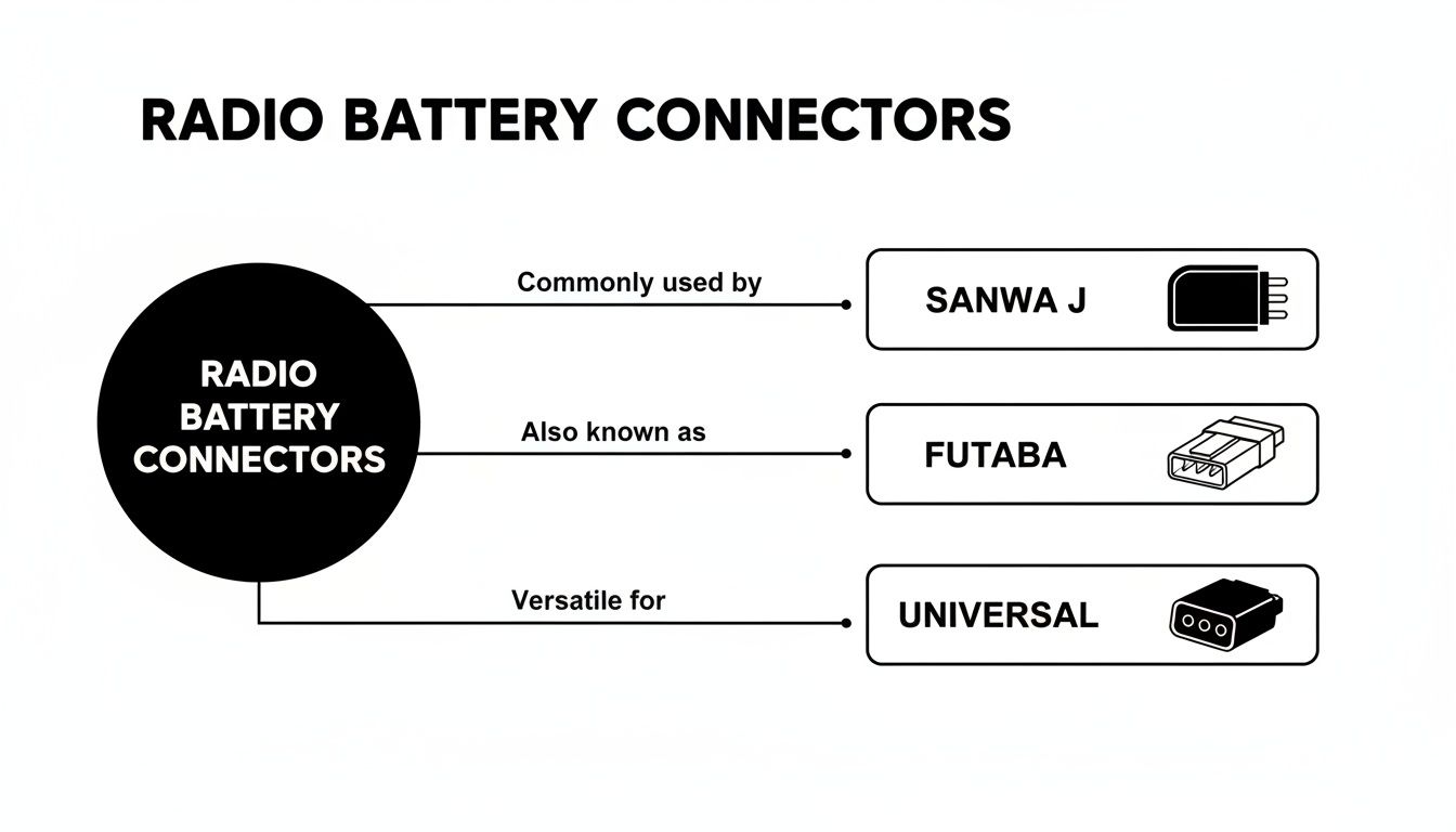 Diagram showing three types of radio battery connectors: Sanwa J, Futaba, and Universal.
