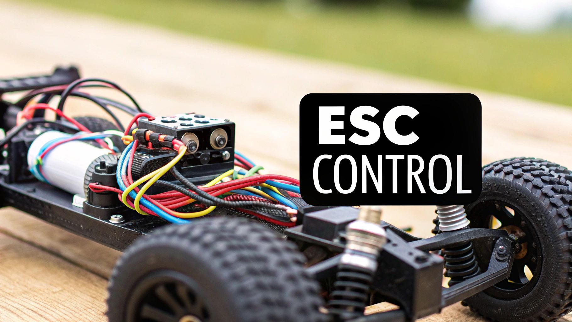 Close-up of an RC car's electronic speed control (ESC) system with wires and motor, featuring 'ESC CONTROL' text.