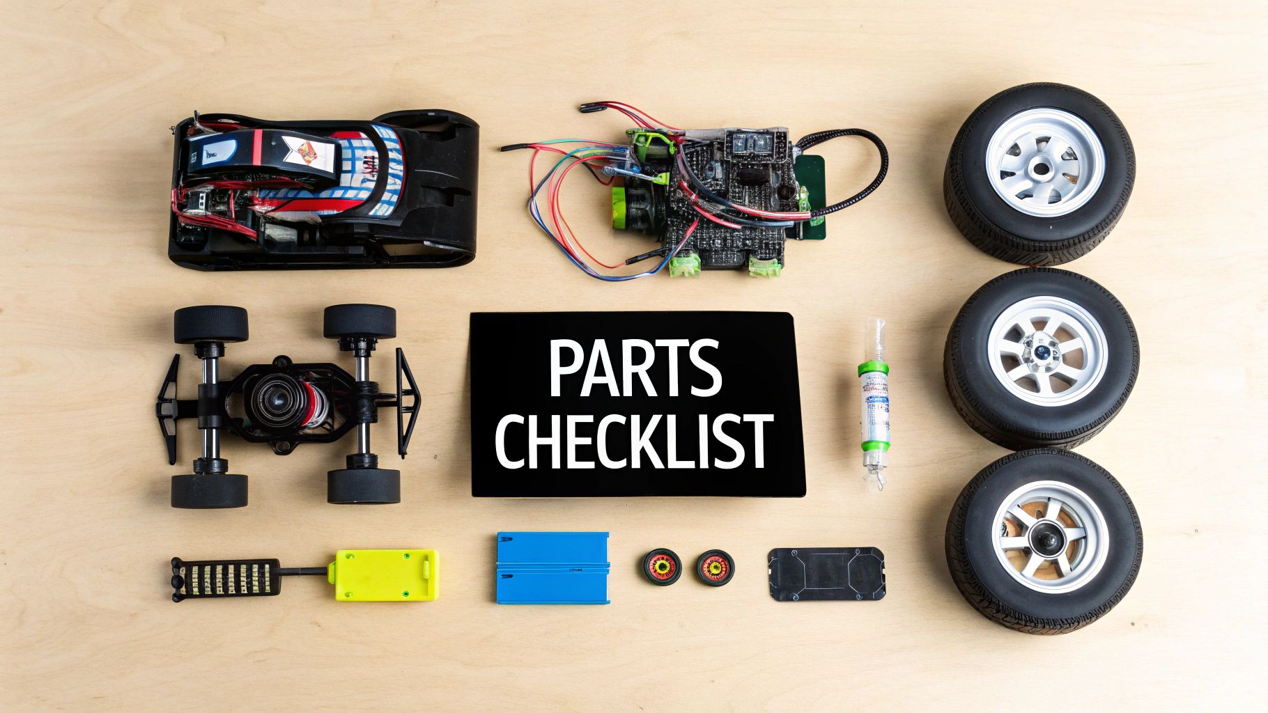 Flat lay of various RC car parts, chassis, electronics, and wheels with a 'PARTS CHECKLIST' sign on a wooden surface.